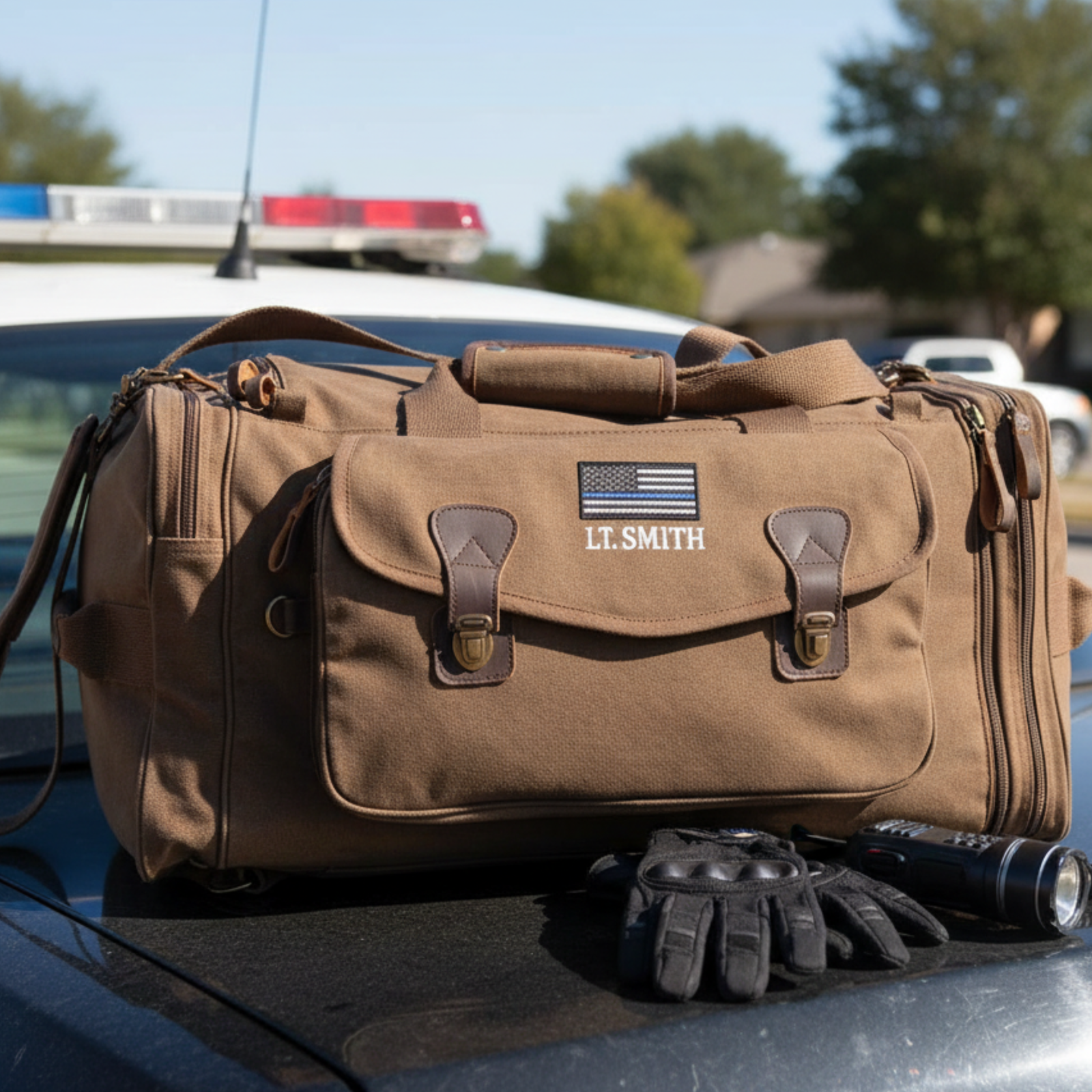 Tan canvas duffle bag with brown leather handles and accents, personalized with sample name "LT. SMITH" and American flag patch on front flap