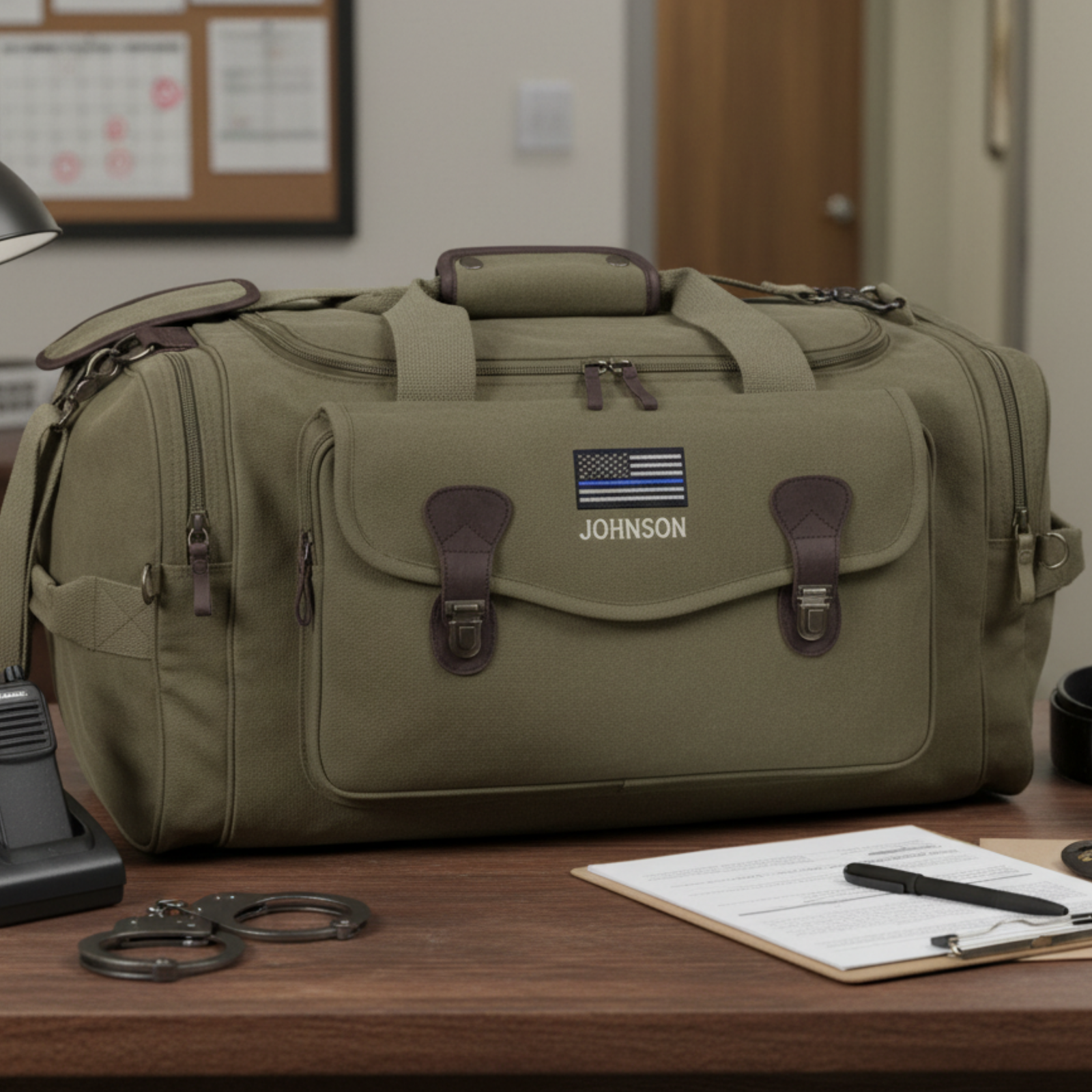 Tan canvas duffle bag with brown leather handles and trim, personalized with sample name "JOHNSON" and blue thin line flag emblem, displayed on wooden desk with office setting