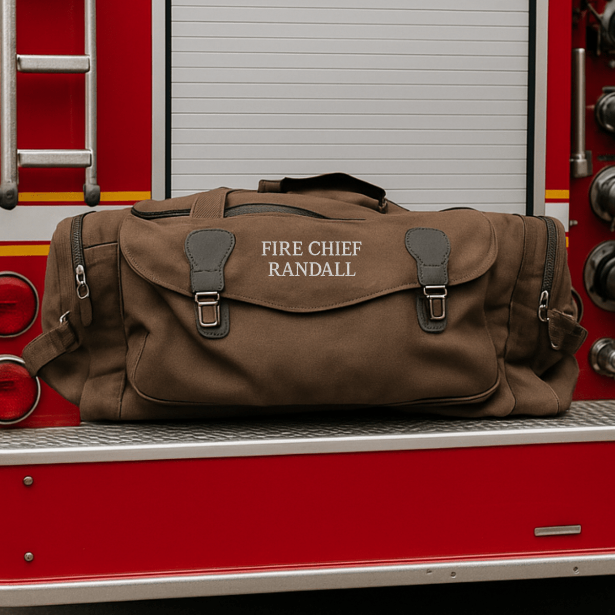 Personalized firefighter duffle bag with custom embroidery and durable canvas design.