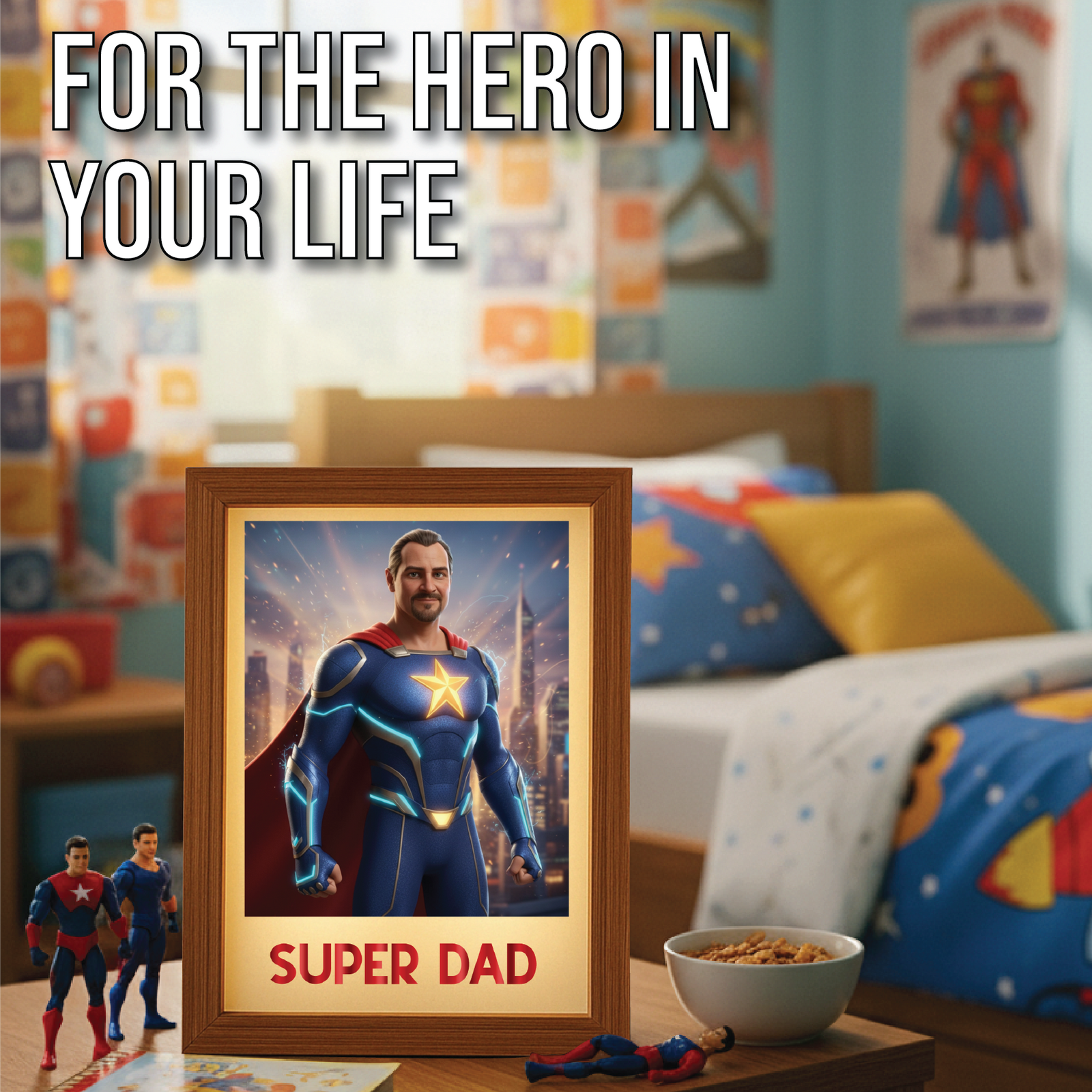 Framed picture of a superhero with 'Super Dad' text in a child's bedroom.
