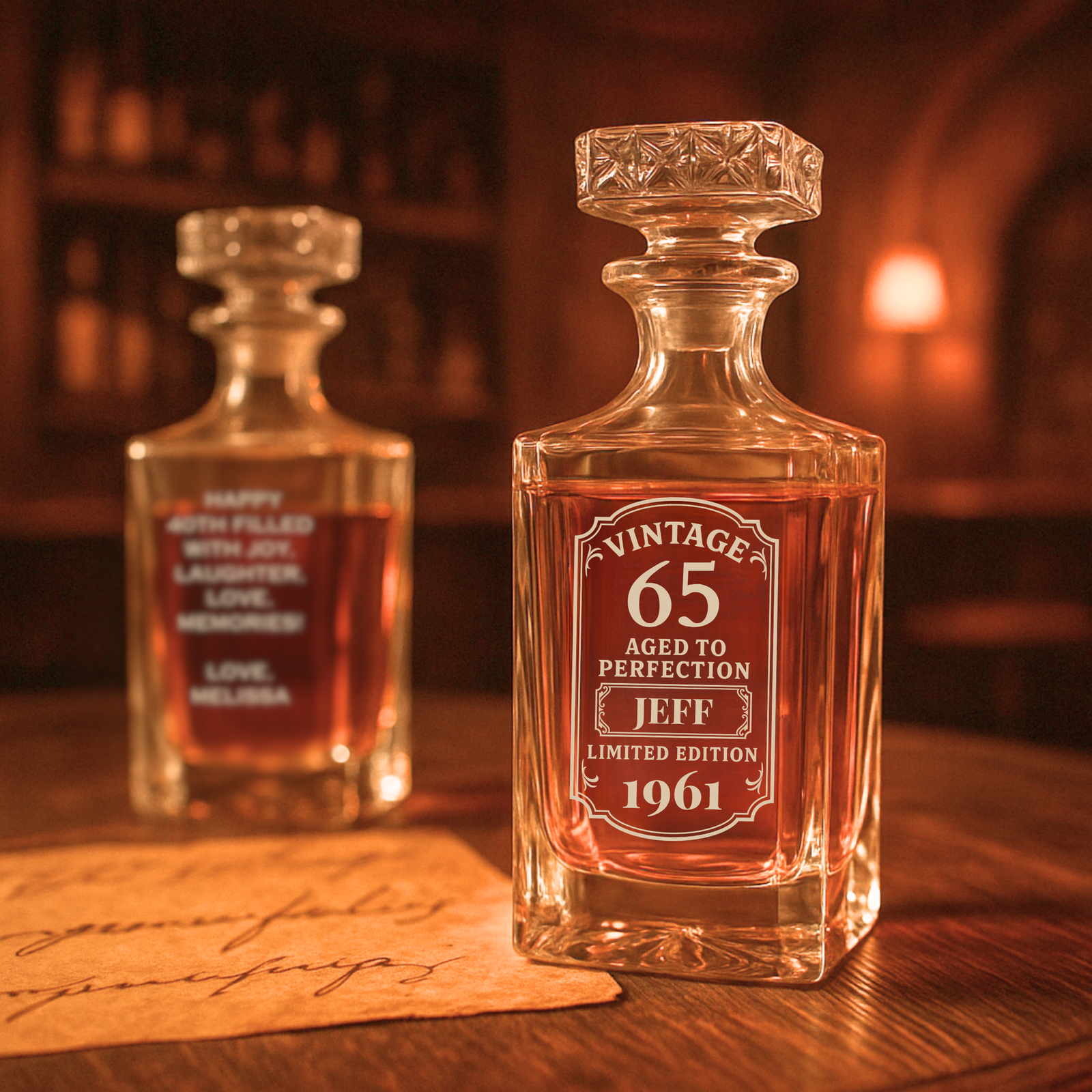Engraved whiskey decanter with sample personalization reading "Vintage 65, Aged to Perfection, Jeff, Limited Edition 1961" displayed with amber liquid and second decanter in warm lighting.