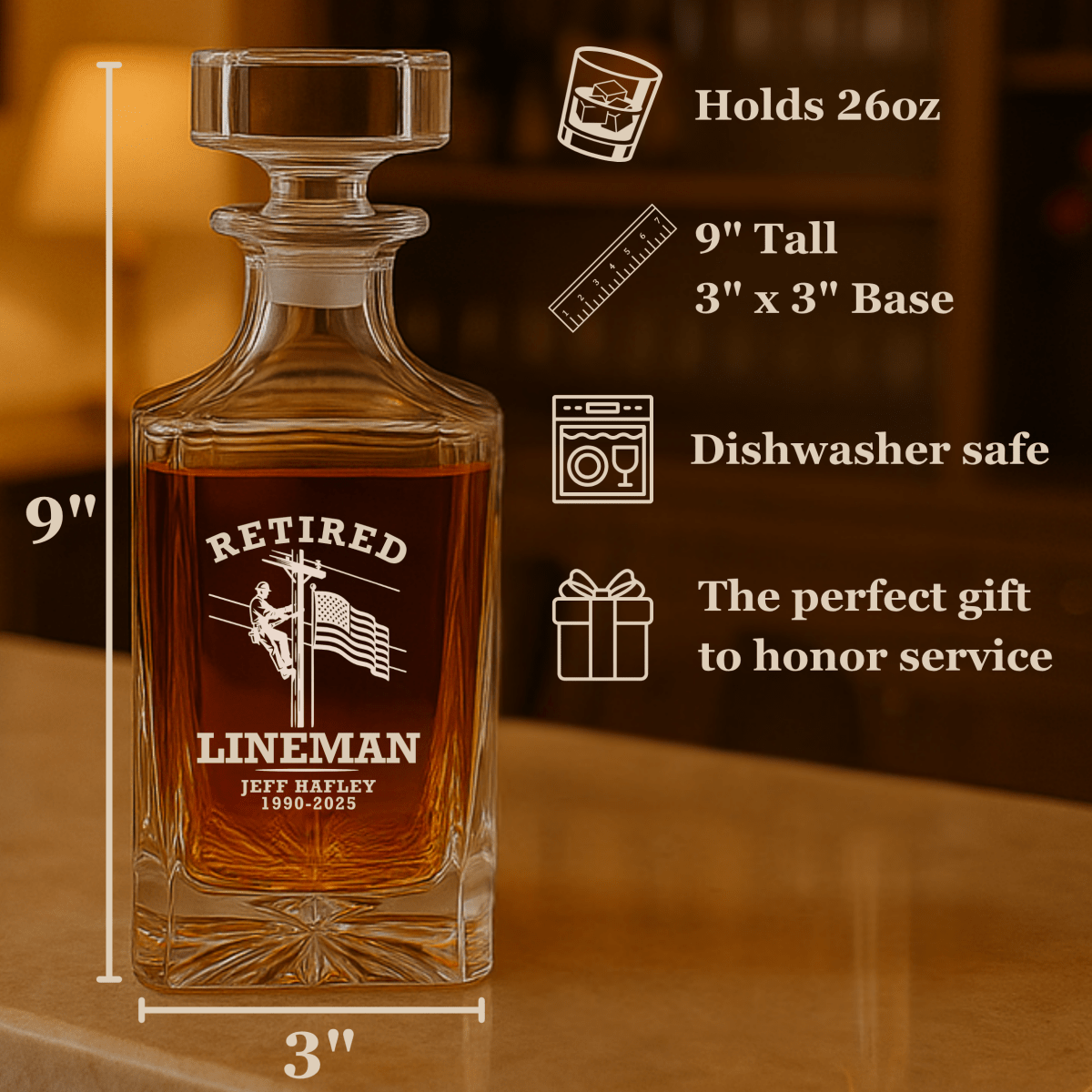 Unique Personalized Lineman Retirement Decanter Customized Retirement Gifts for Men by Groovy Guy