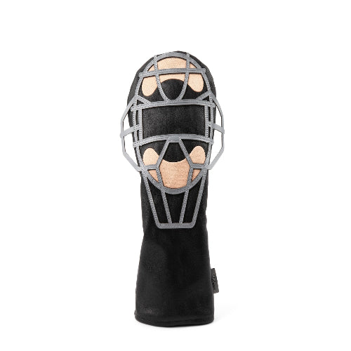 Golf driver headcover shaped like a baseball catcher’s mask, crafted in sleek PU leather.