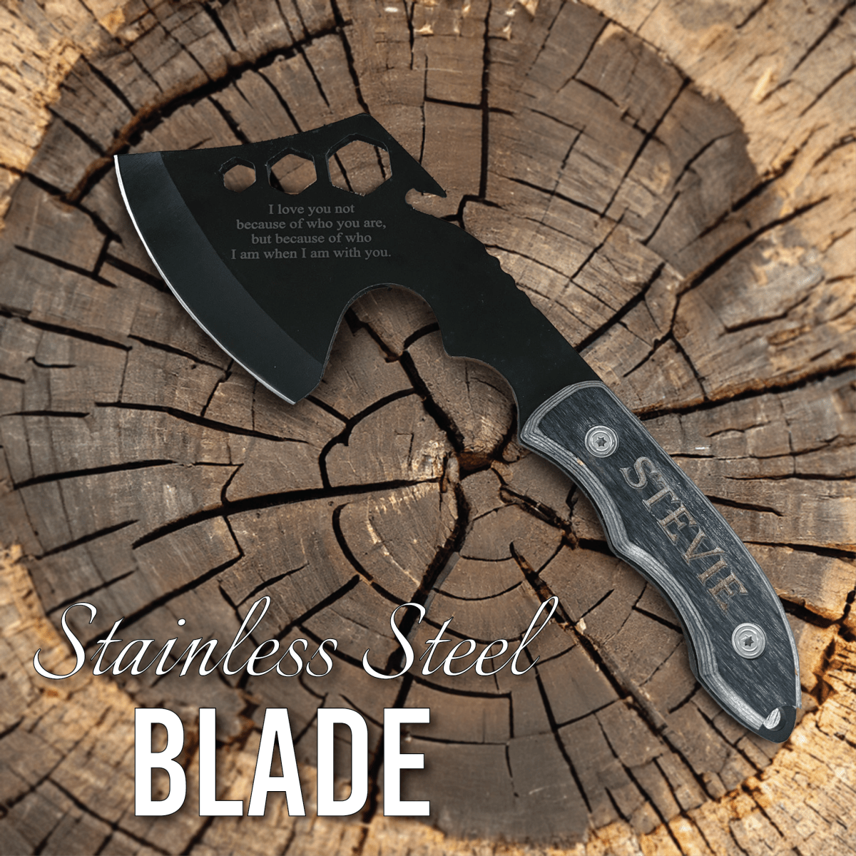 Engraved anniversary axe with high-carbon stainless steel blade, personalized wooden handle, and nylon sheath – perfect for weddings, anniversaries, or thoughtful gifts.