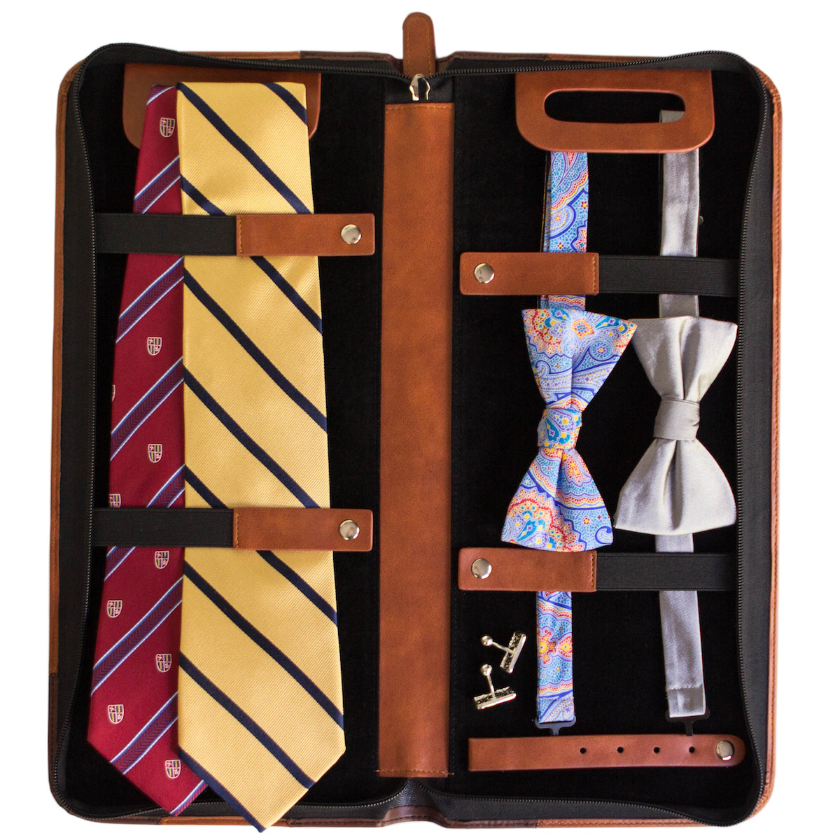 Brown vegan leather travel tie case with plush black interior, holds ties, cufflinks, and clips.