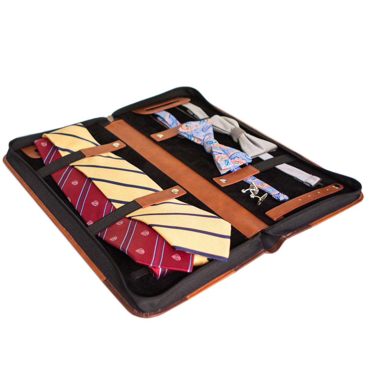 Brown vegan leather travel tie case with plush black interior, holds ties, cufflinks, and clips.