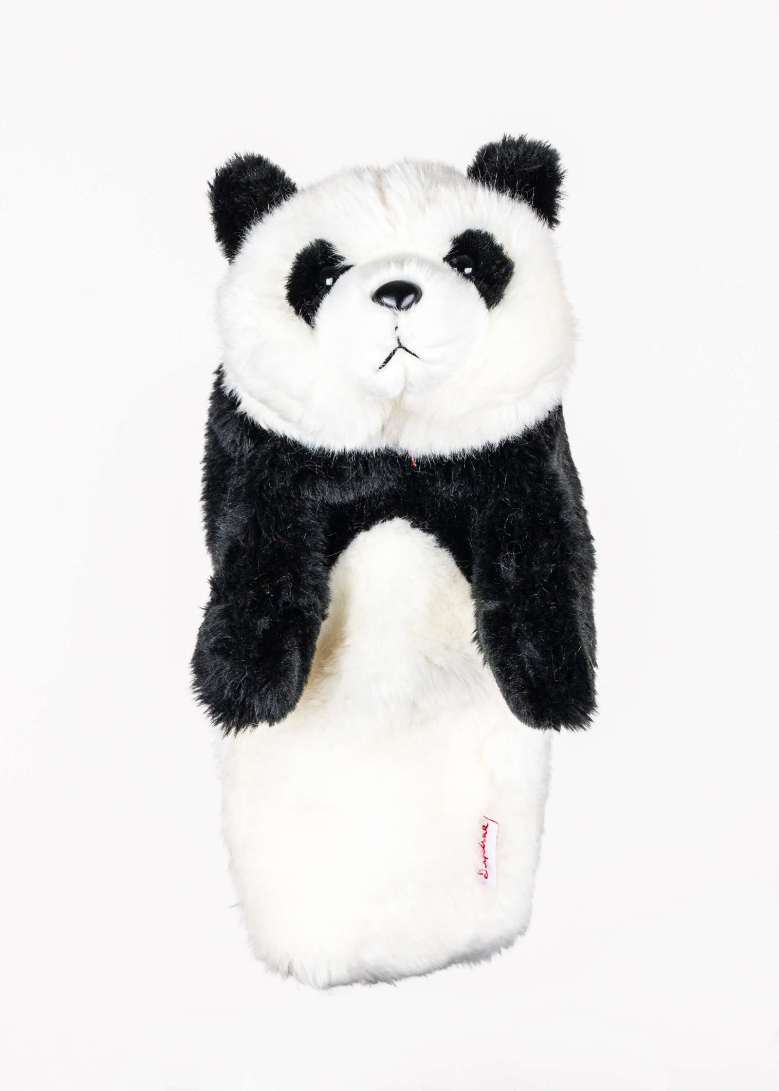 Panda plush golf headcover for drivers up to 460cc, photographed on a plain background