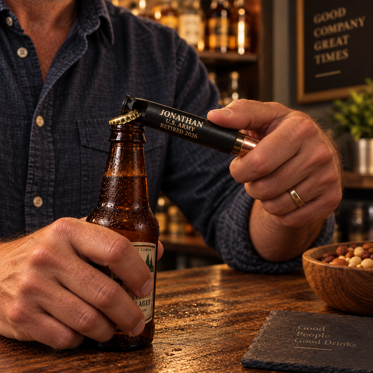 A man pops the cap off a beer with his engraved military bullet bottle opener at the bar, the bottle cap landing on the counter