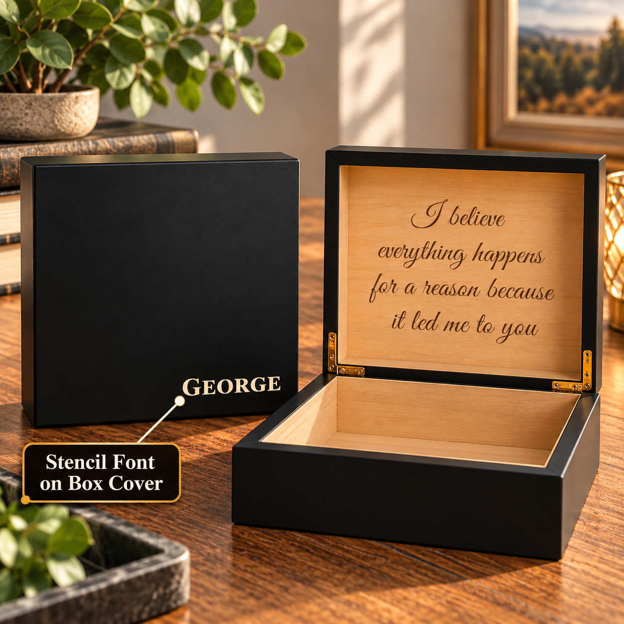 Black men's keepsake box with GEORGE engraved in capital letters on the lid, beside an open black box with a script message engraved inside the lid