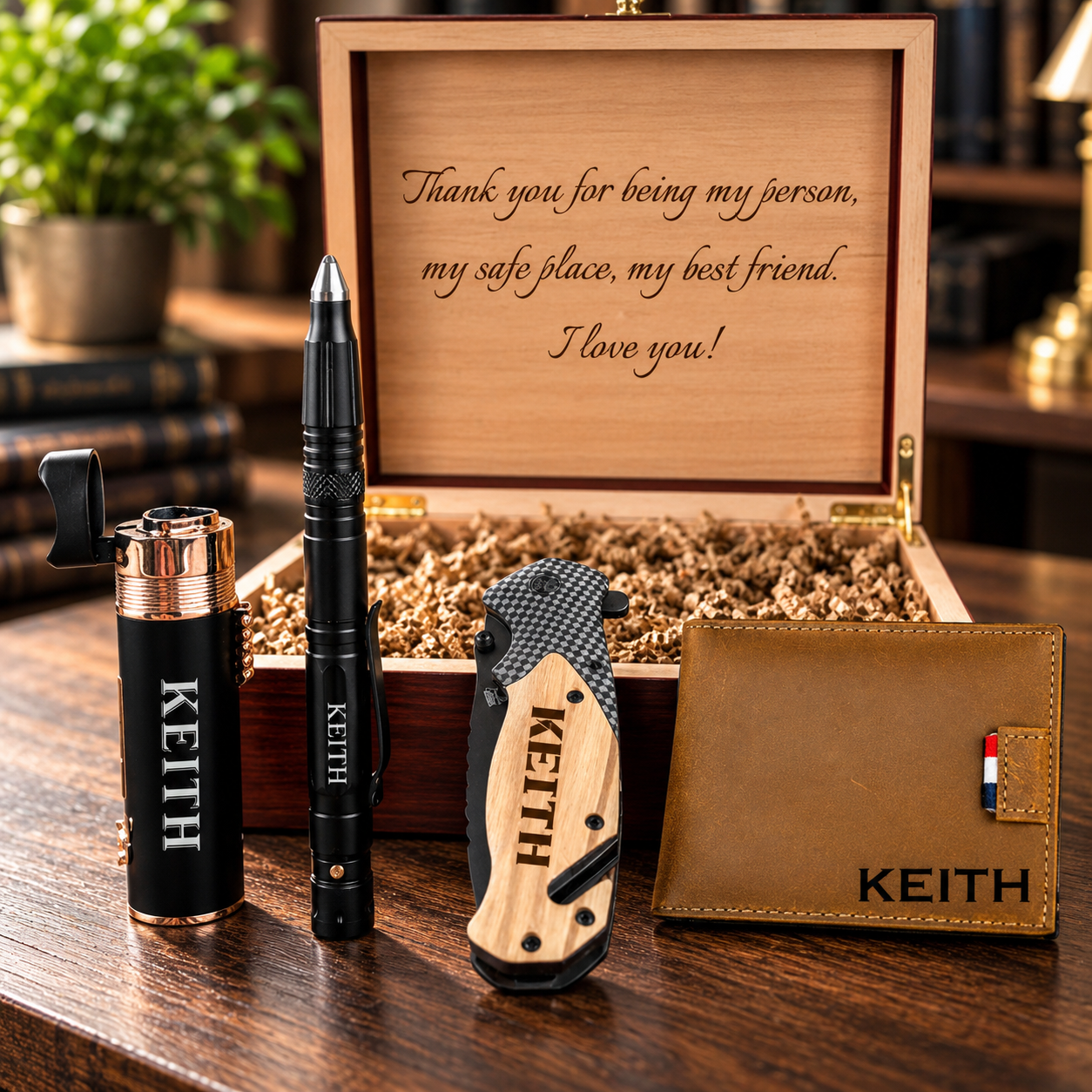 Wooden gift box with engraved message containing black flask, pen, folding knife, and leather wallet, all personalized with name "Keith