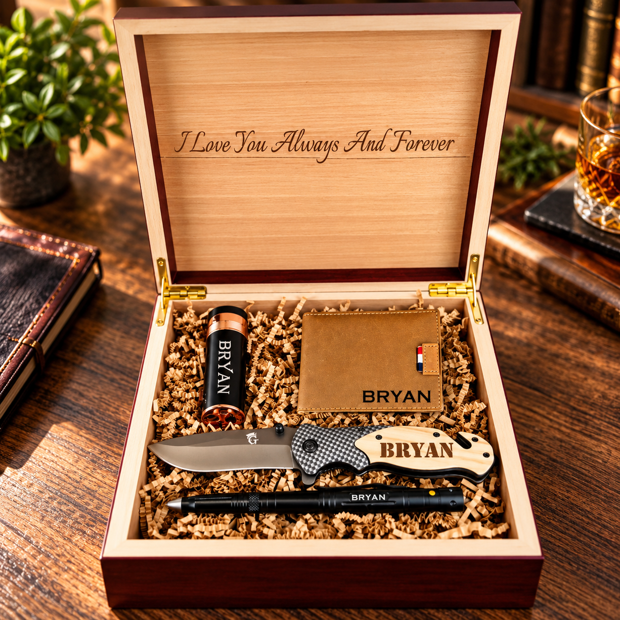 Open wooden box with engraved lid displaying "I Love You Always And Forever" and contents: engraved flask, wallet, pocket knife, and pen, all personalized with the name "Bryan