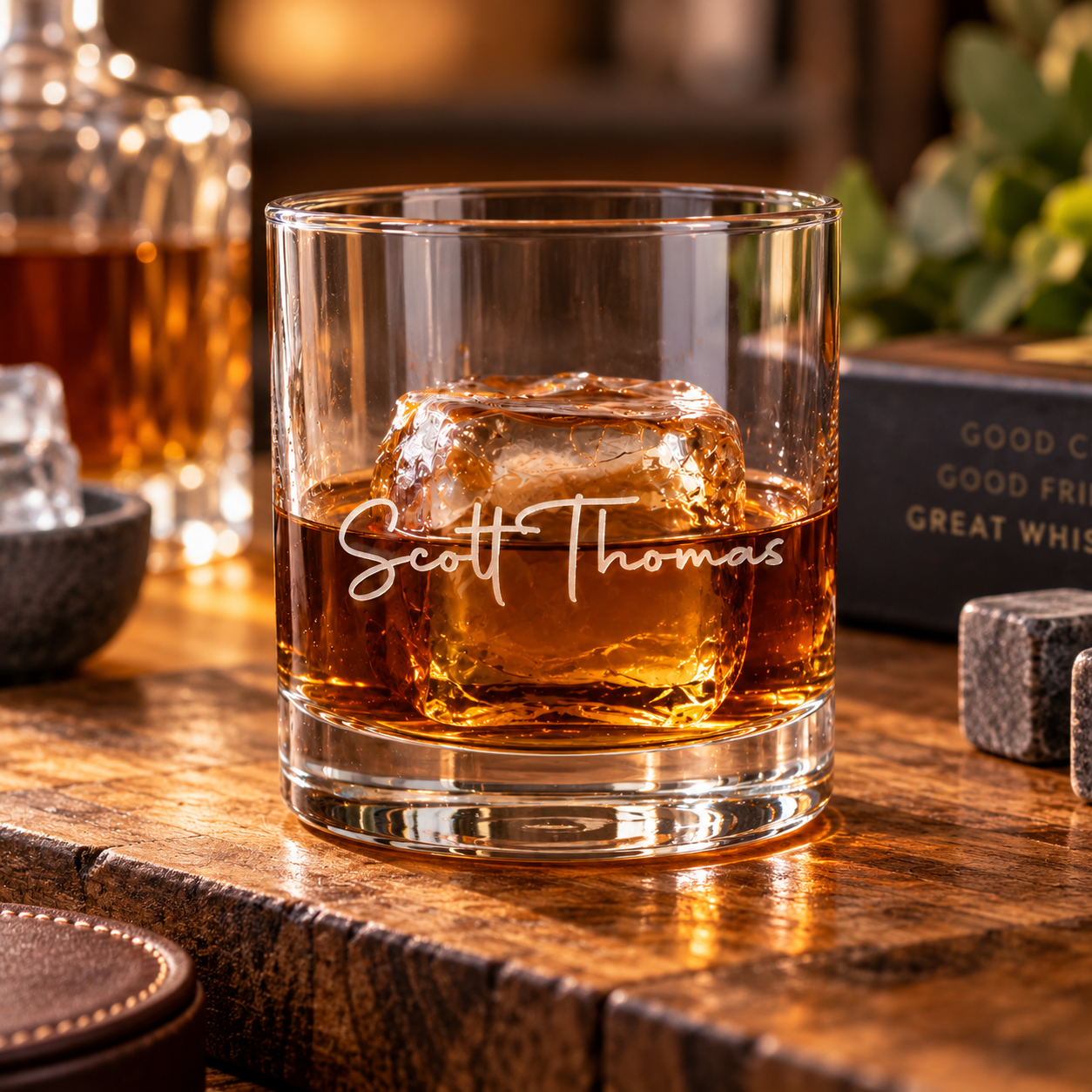 Custom man myth legend whiskey glass engraved with the name Scott Thomas in script, a pour of bourbon over a large ice cube