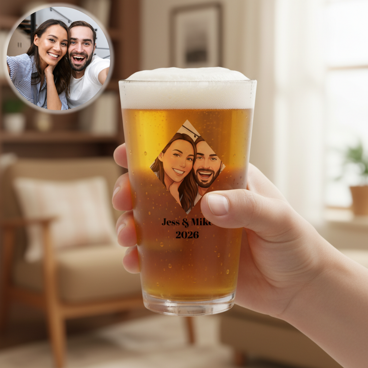 Hand holding a beer glass with a personalized design of a couple and the year 2026, with a blurred indoor background.