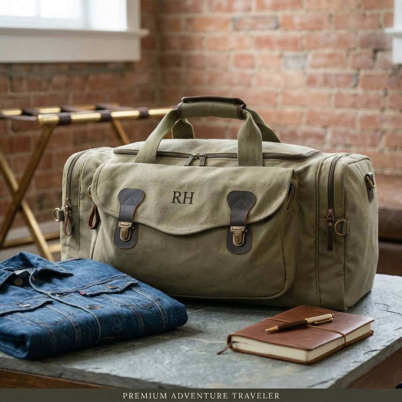 Tan canvas weekender bag with dark leather accents and brass hardware, personalized with sample initials "RH" on front flap, displayed on concrete surface with folded jeans and leather notebook