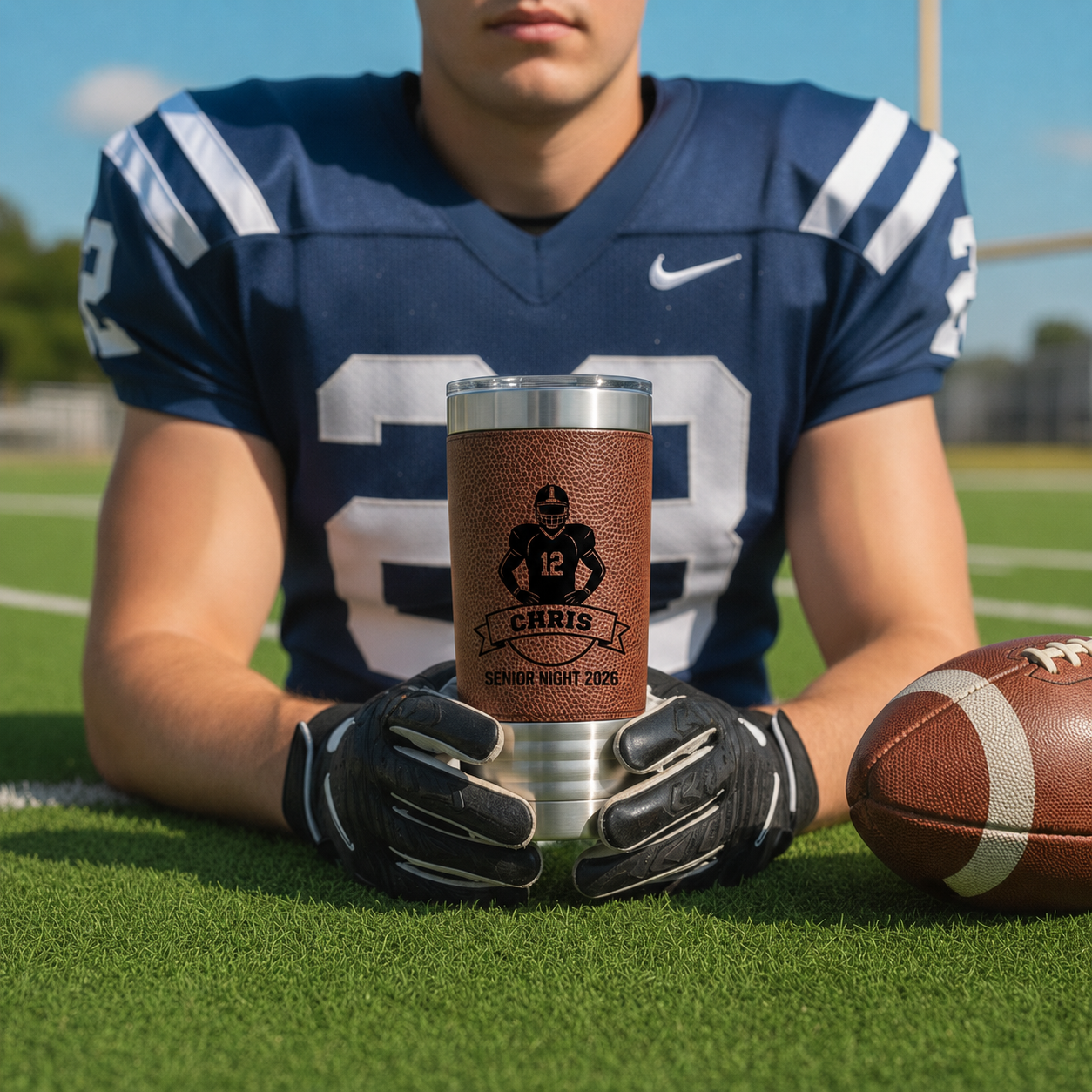Person in football uniform holding a personalized tumbler and football on a field
