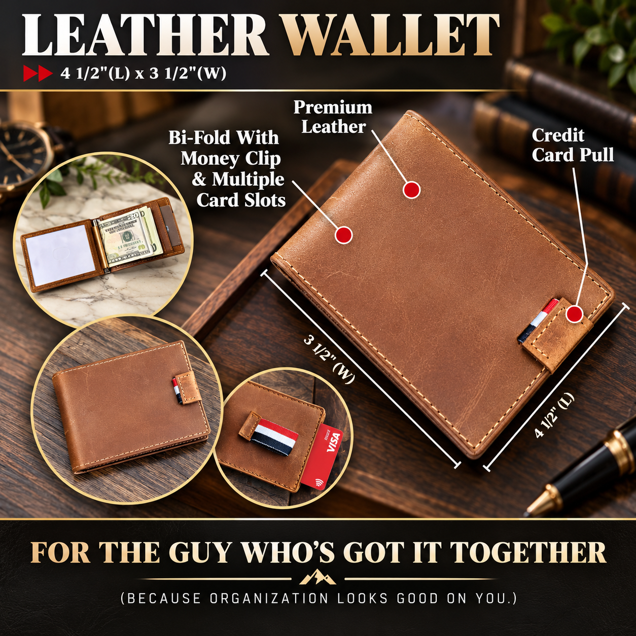Brown leather bi-fold wallet with money clip and card slots, shown with dimensions and detailed views of interior organization and card pull feature