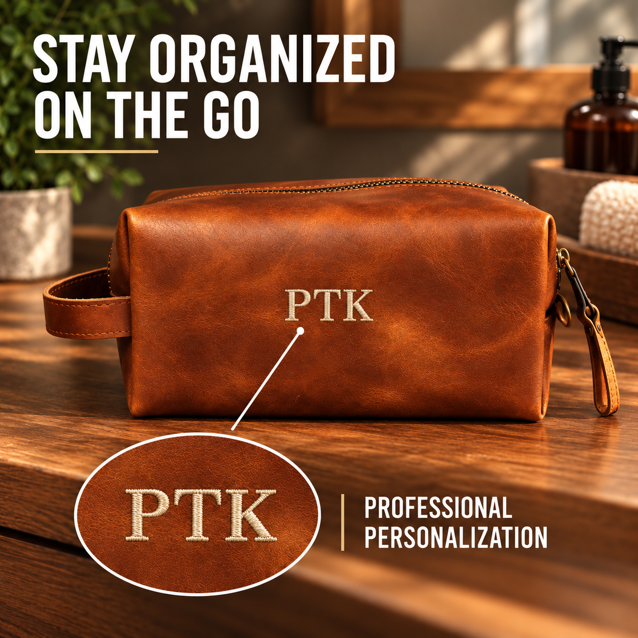 Cognac leather dopp kit embroidered with sample initials PTK resting on a wooden trunk, with an inset close-up of the stitched monogram