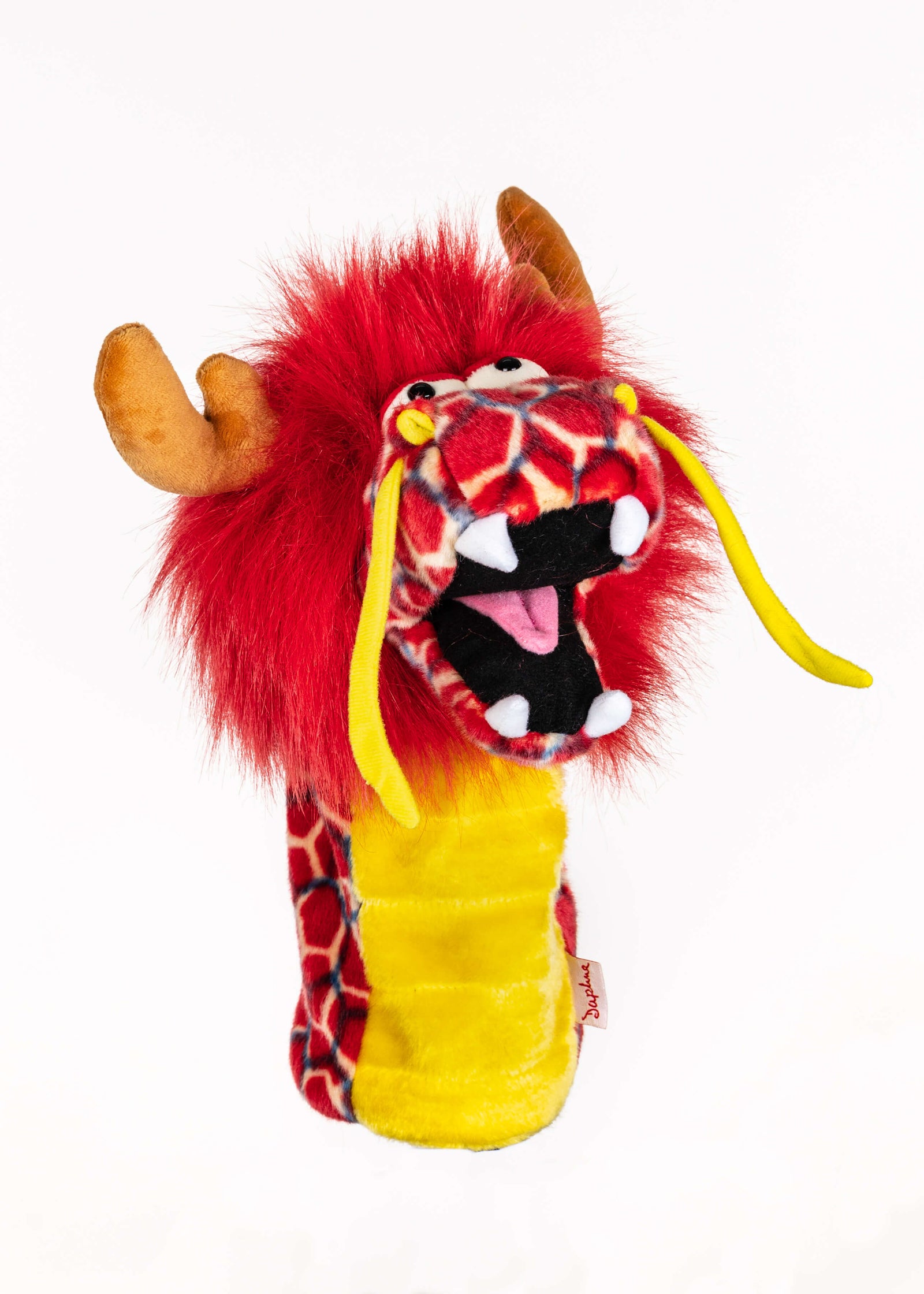 Red dragon plush golf headcover for drivers up to 460cc, photographed on a plain background