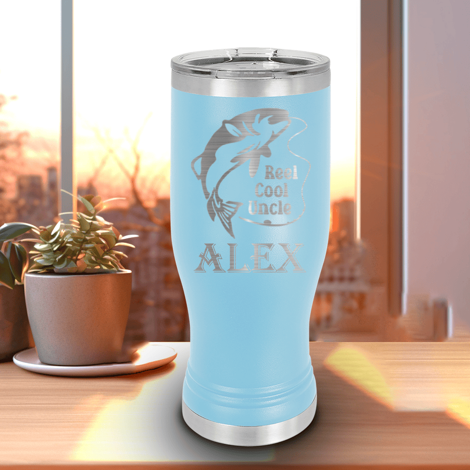 Light Blue Uncle Travel Mug With Handle With Reel Cool Fishing Uncle Design