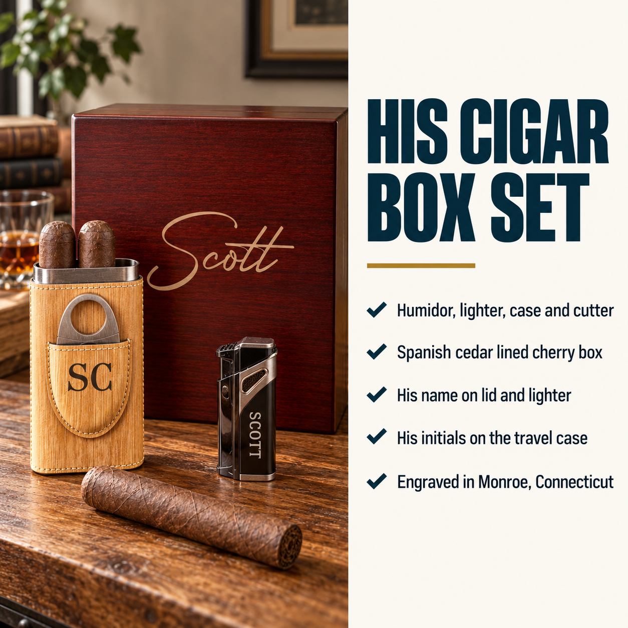 Dark cherry wood cigar box engraved with name Scott, paired with wooden cedar-lined humidor, lighter, cutter, and travel case with initials SC