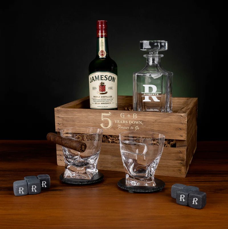 Togetherness Toast Personalized Decanter Set with engraved whiskey stones, decanter, and coasters in a personalized box