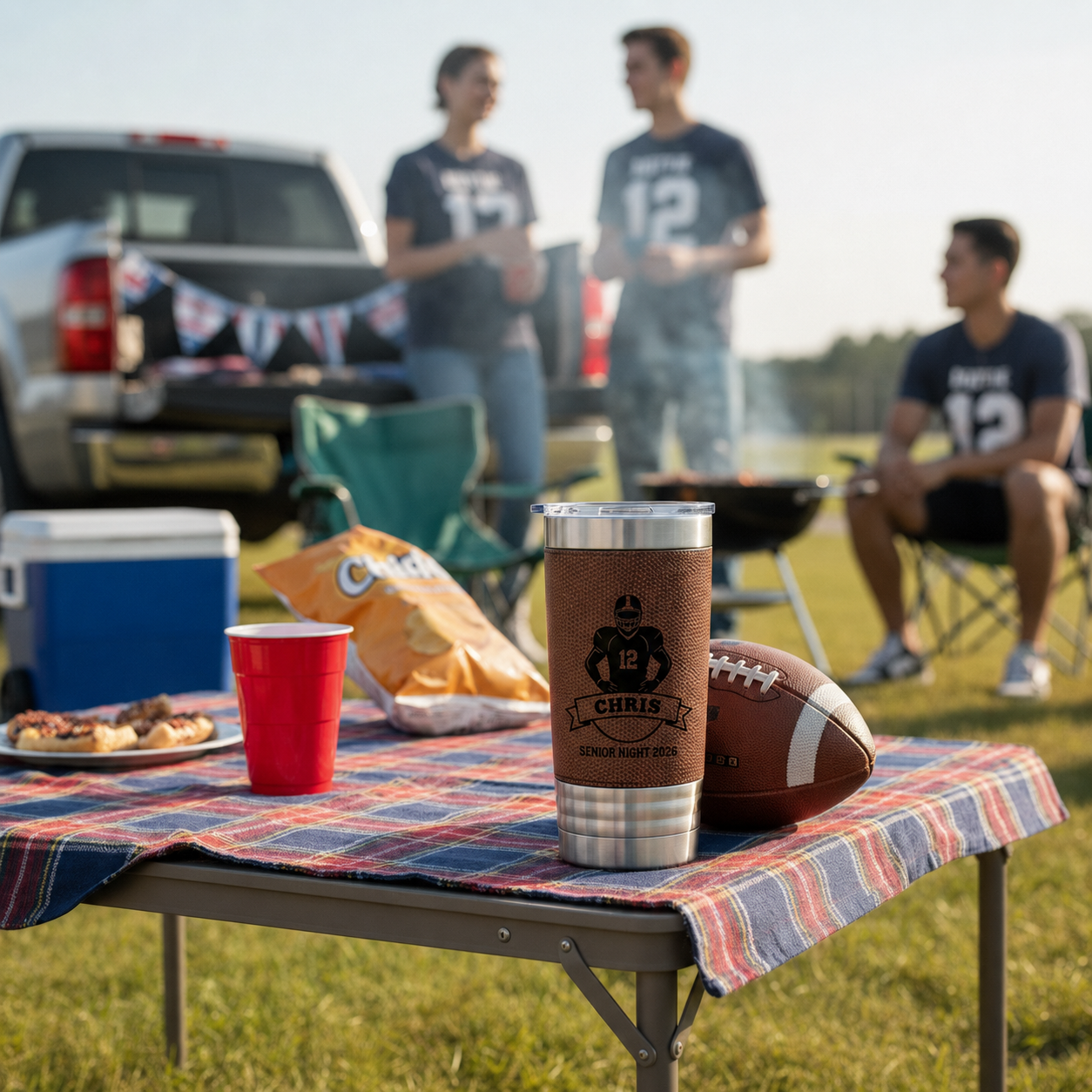 Outdoor Senior Night Personalized Football Tumbler engraved with jersey number and name