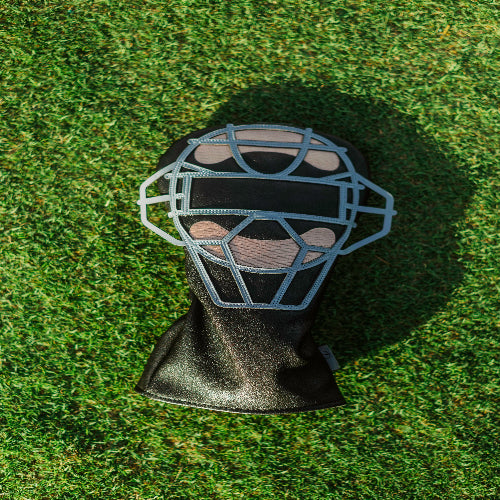 Golf driver headcover shaped like a baseball catcher’s mask, crafted in sleek PU leather.