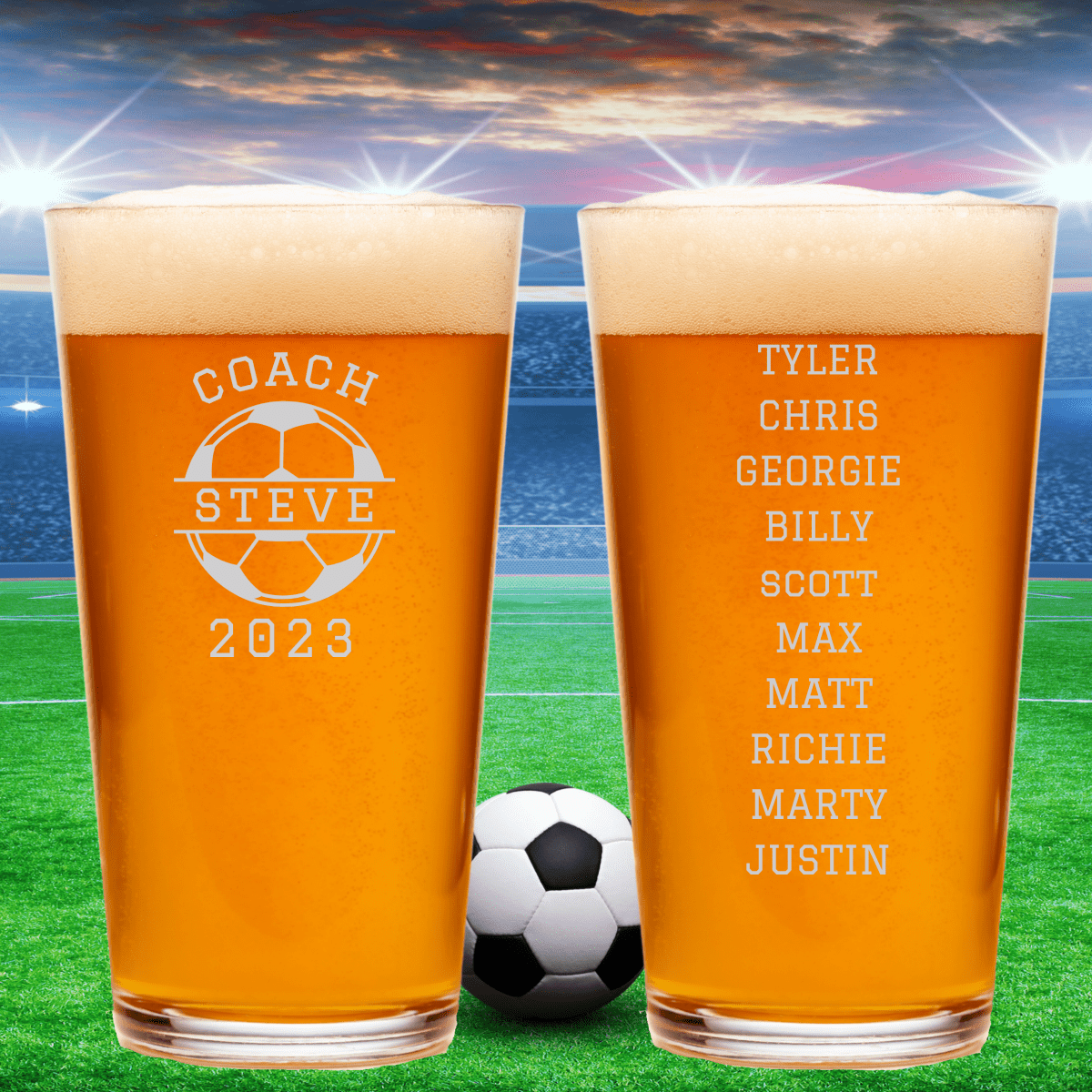 Unique Personalized Soccer Coach Pint Glass Customized Beer Glasses Gifts for Men by Groovy Guy