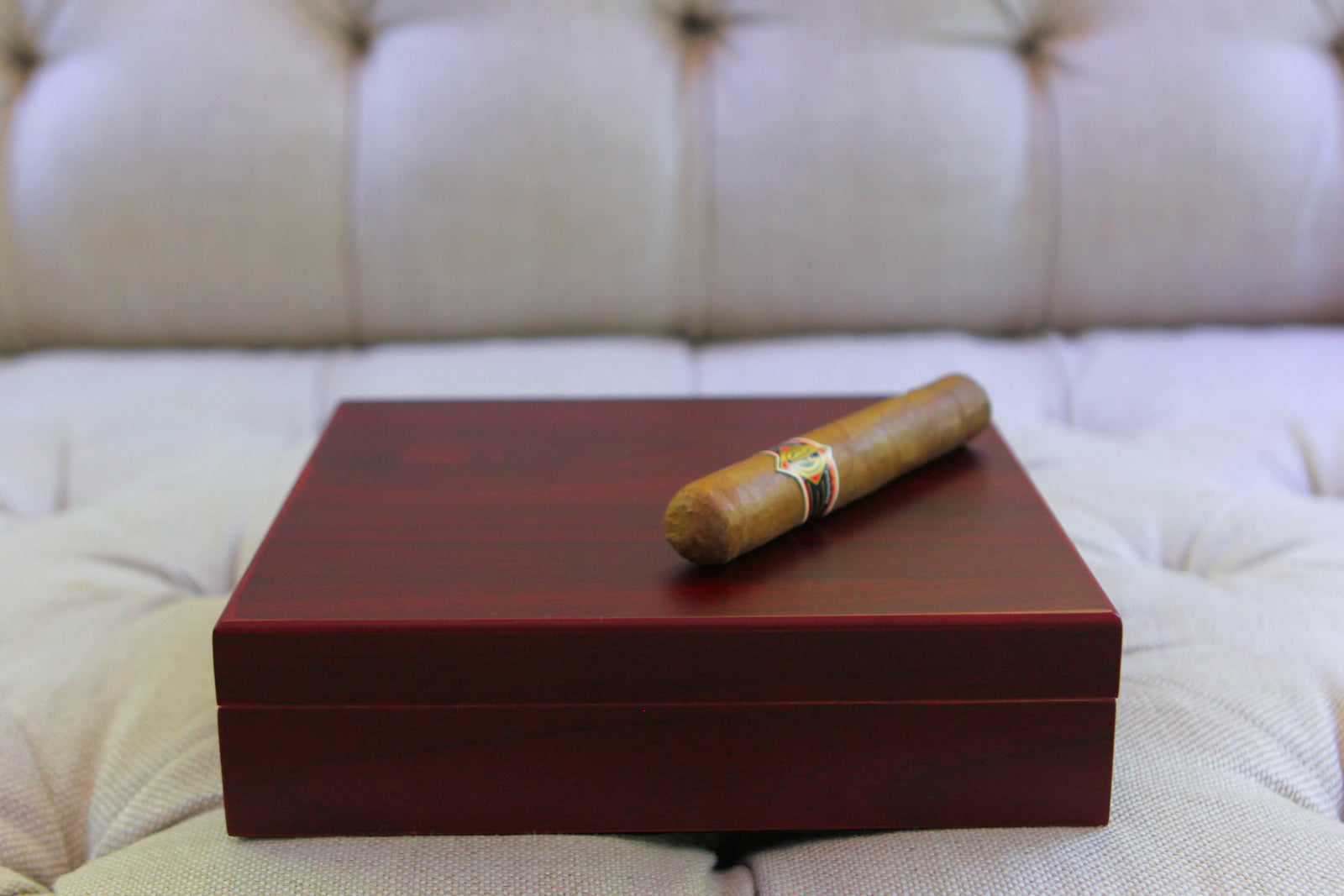 Cherry wood desktop humidor with Spanish cedar lining and digital hygrometer.