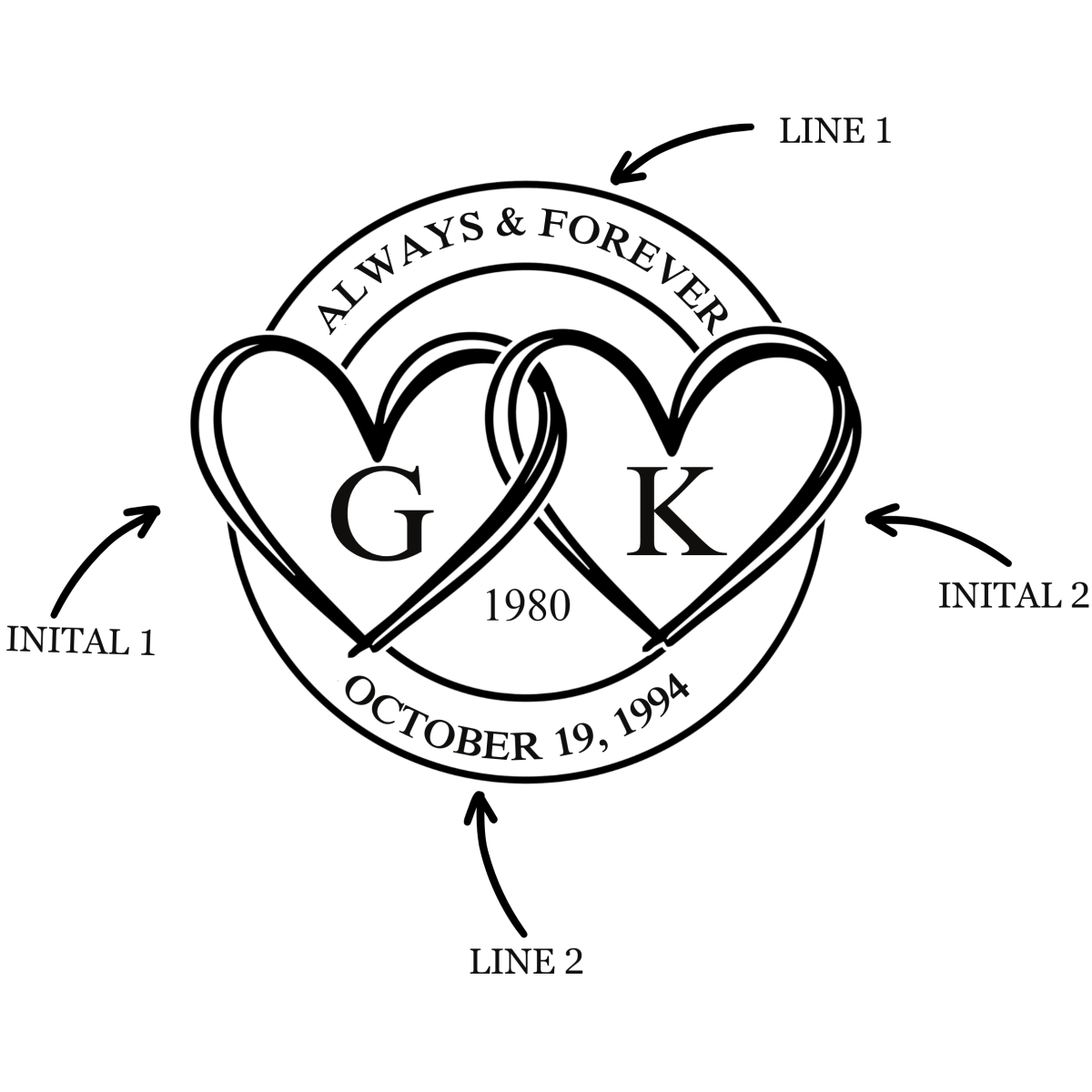 True Love Cutting Board with interlocking hearts design, personalized with initials, custom text, and wedding year – perfect for anniversaries, weddings, or romantic gifts.