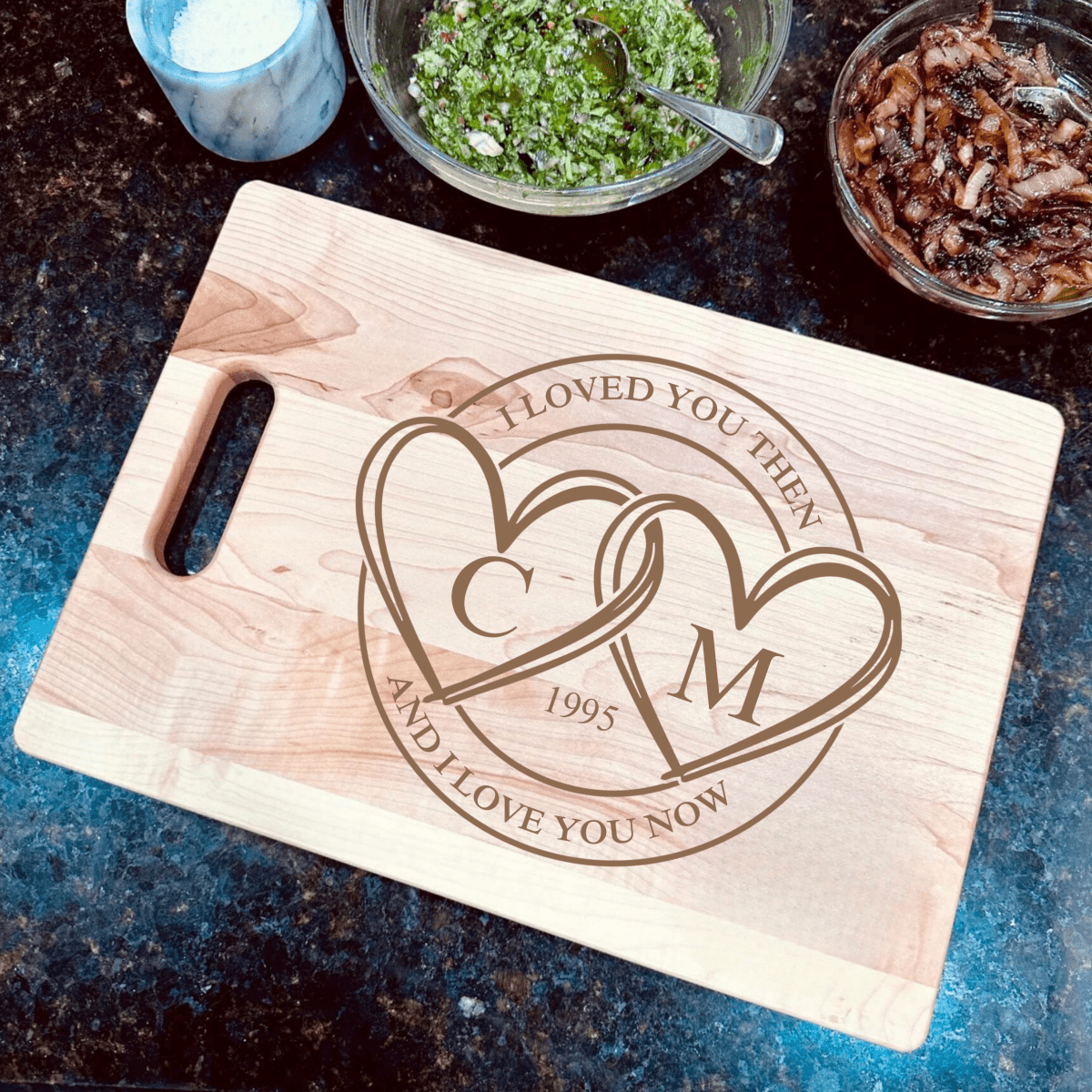 True Love Cutting Board with interlocking hearts design, personalized with initials, custom text, and wedding year – perfect for anniversaries, weddings, or romantic gifts.