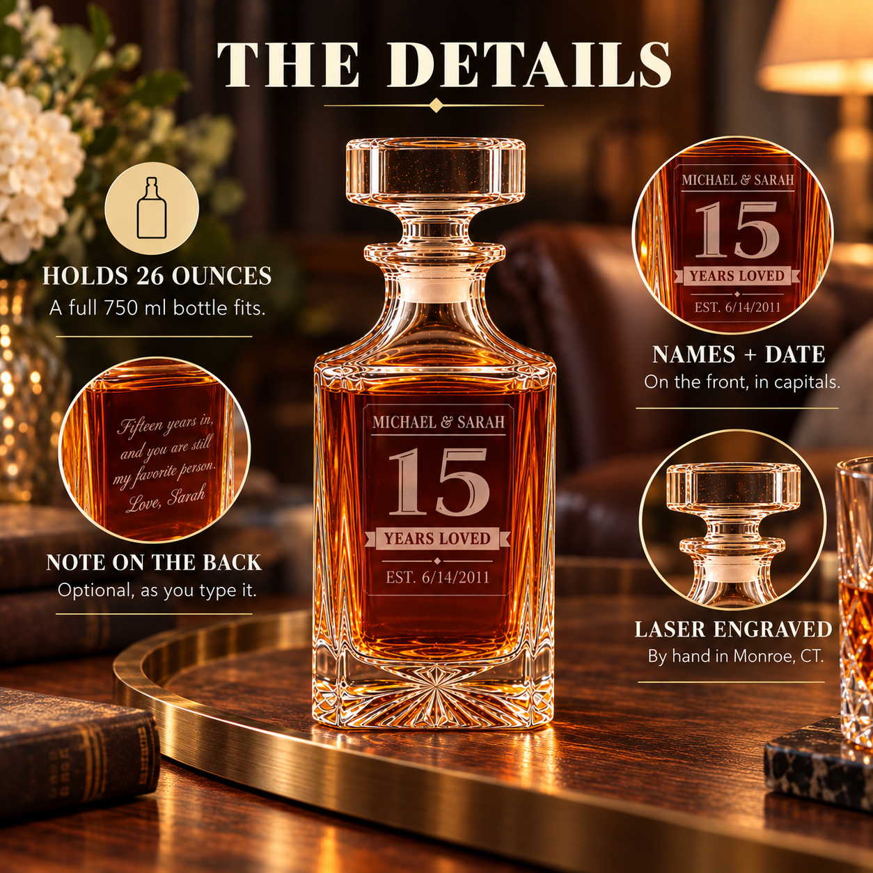 The details of the engraved 15th anniversary decanter: holds 26 oz, both names and the wedding date on the front, an optional note on the back, laser engraved by hand
