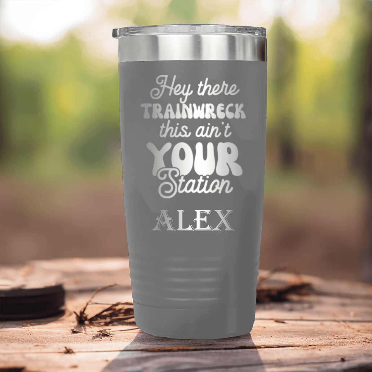 Grey Funny Tumbler With Trainwreck Station Design