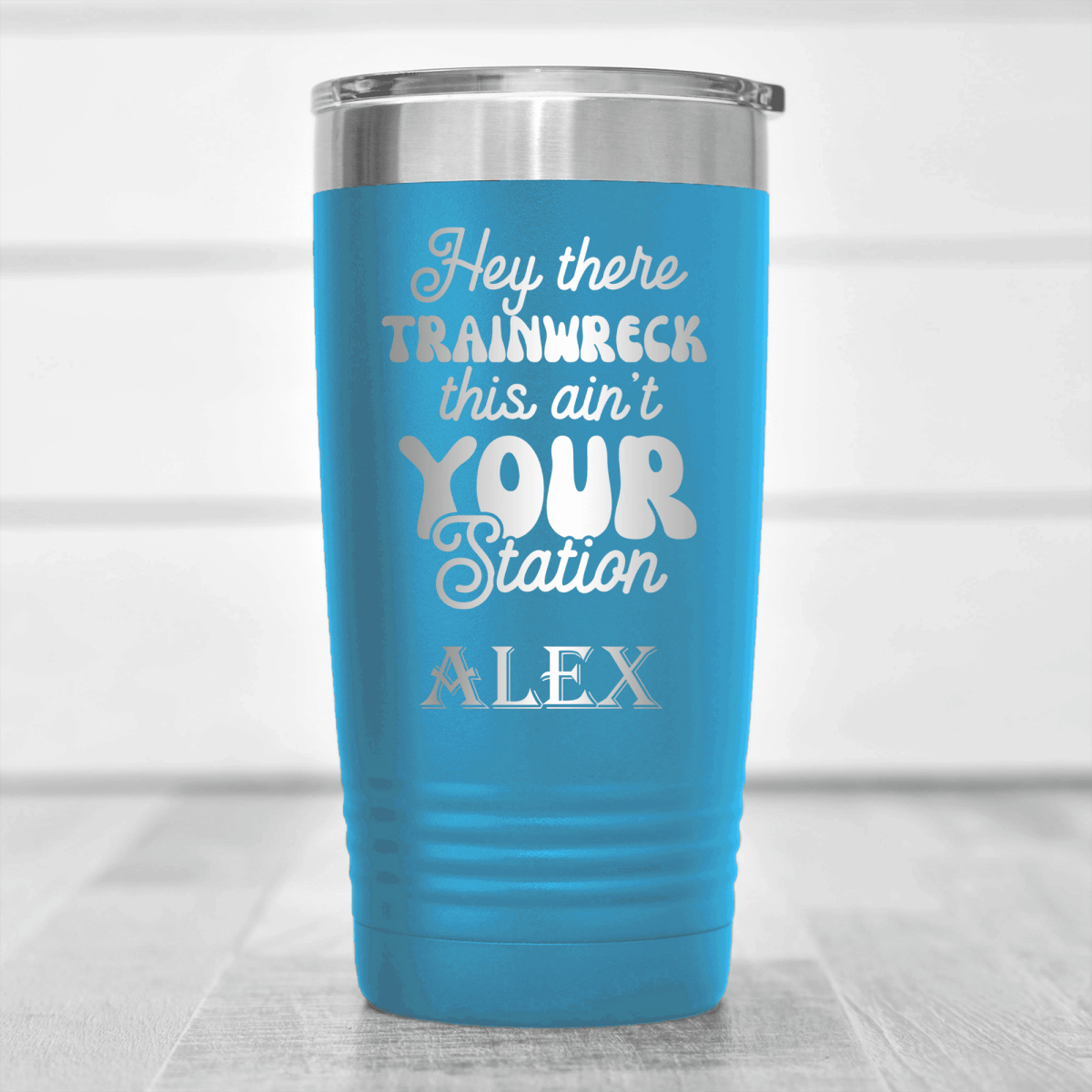 Light Blue Funny Tumbler With Trainwreck Station Design