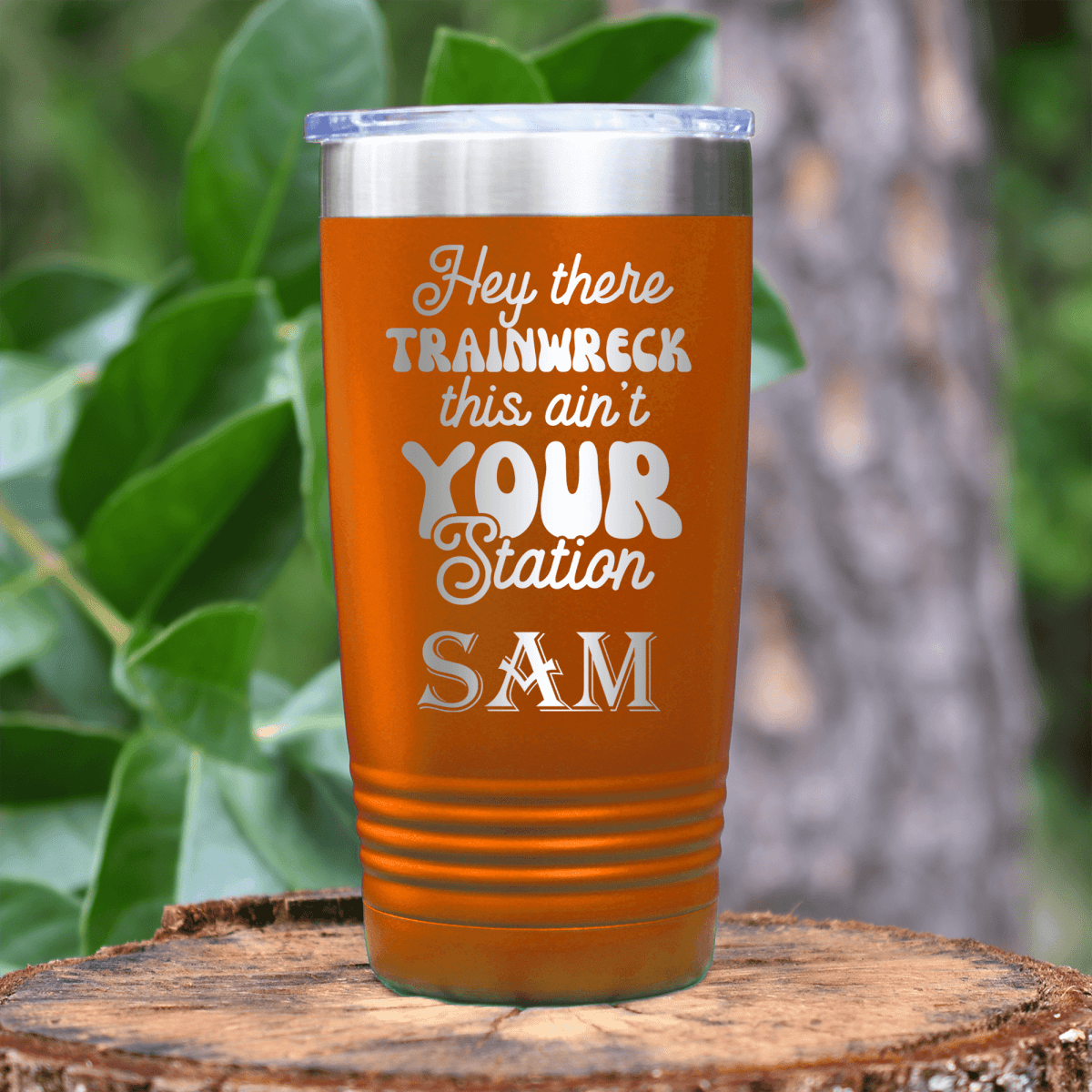 Orange Funny Tumbler With Trainwreck Station Design