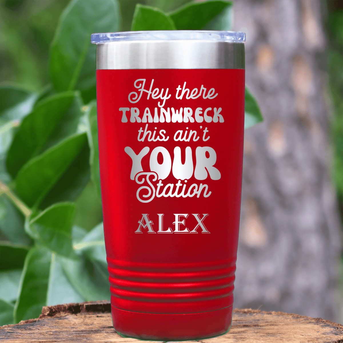 Red Funny Tumbler With Trainwreck Station Design