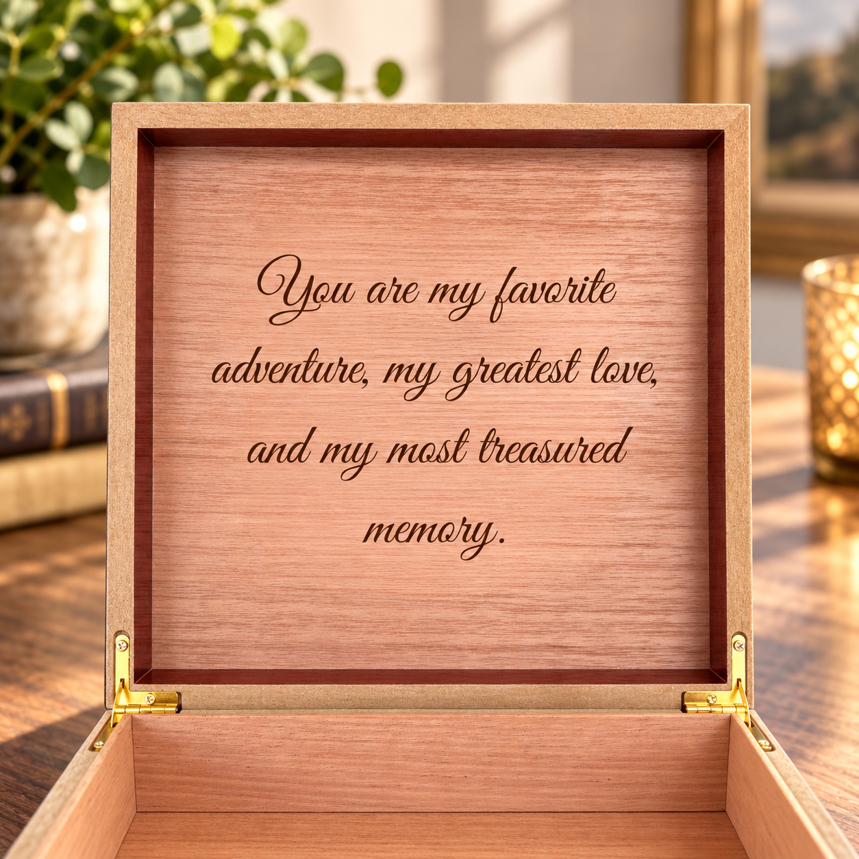 Close-up inside the lid of a personalized keepsake box: a four-line love message engraved in script on light cedar, gold-tone hinges below it
