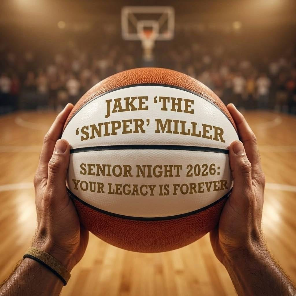 Basketball with personalized engraving showing sample text "JAKE 'THE 'SNIPER' MILLER" and "SENIOR NIGHT 2026: YOUR LEGACY IS FOREVER
