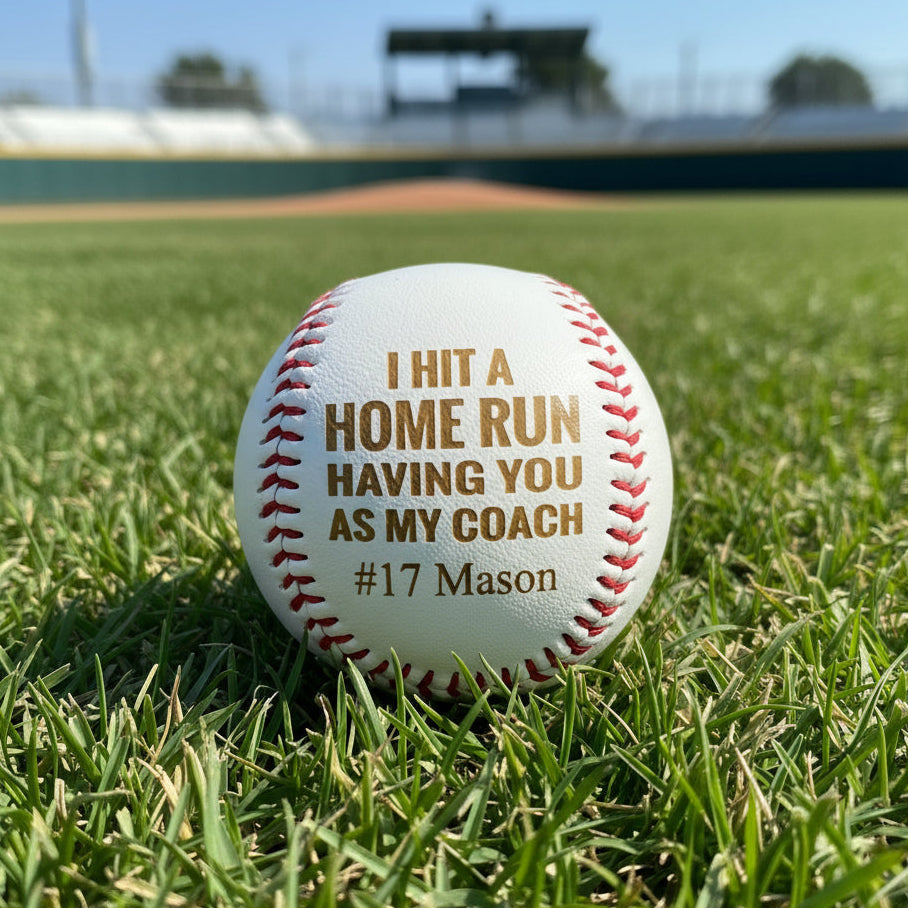 Custom baseball coach gift engraved with the message 'I hit a home run having you as my coach' and a player number on white leather with red stitching.