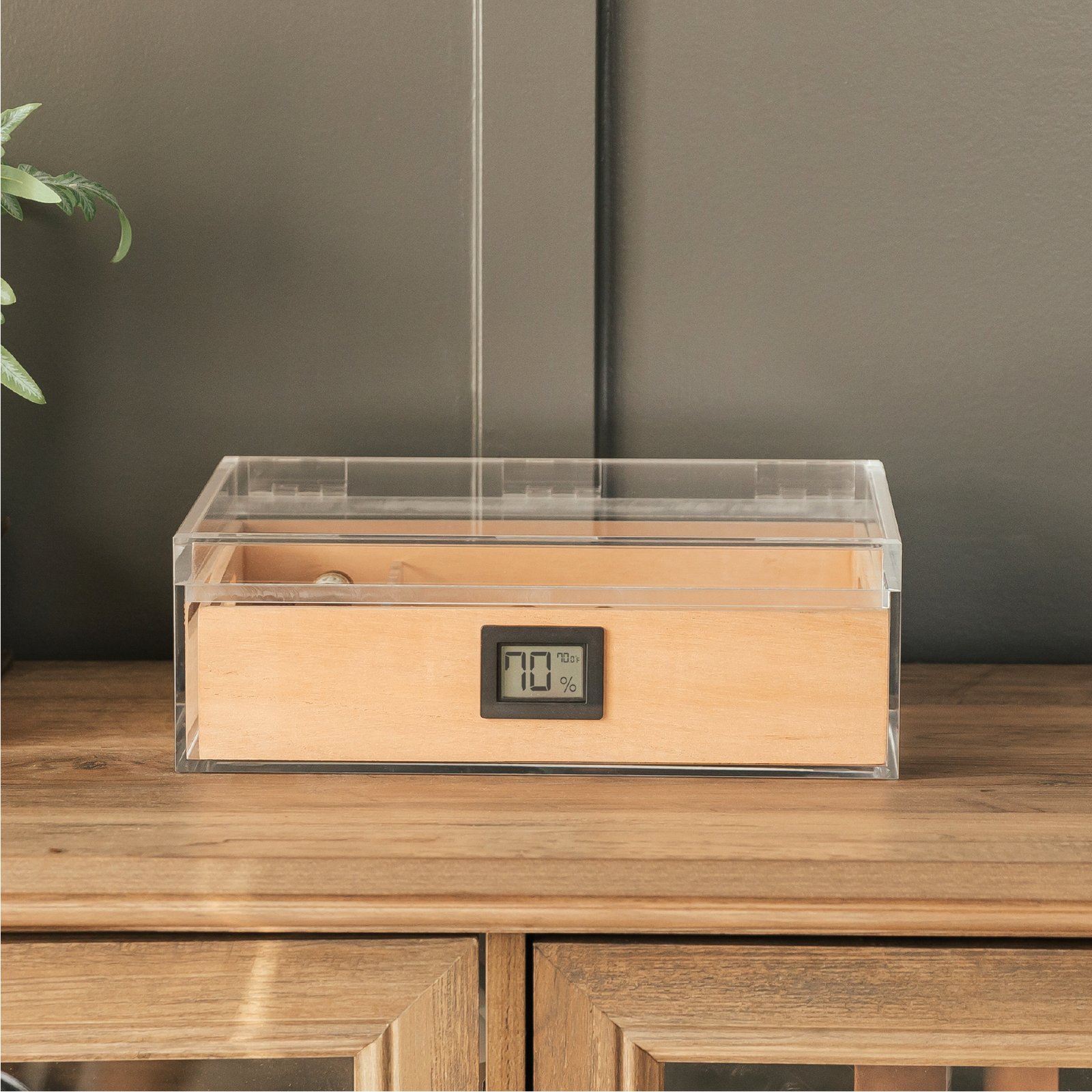 Clear acrylic cigar humidor with Spanish cedar tray and digital hygrometer.