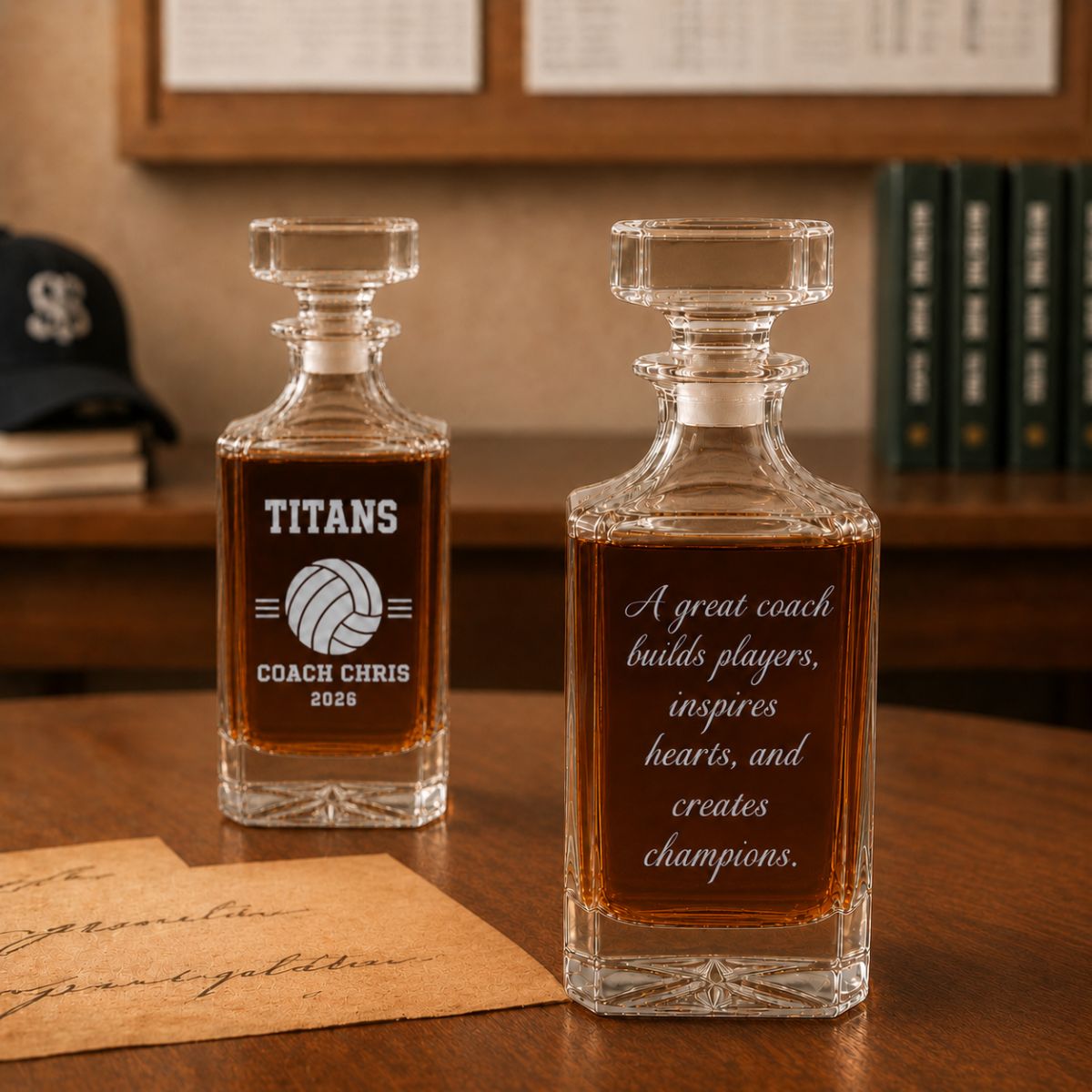 Personalized volleyball coach whiskey decanter engraved with coach name, team name, and year