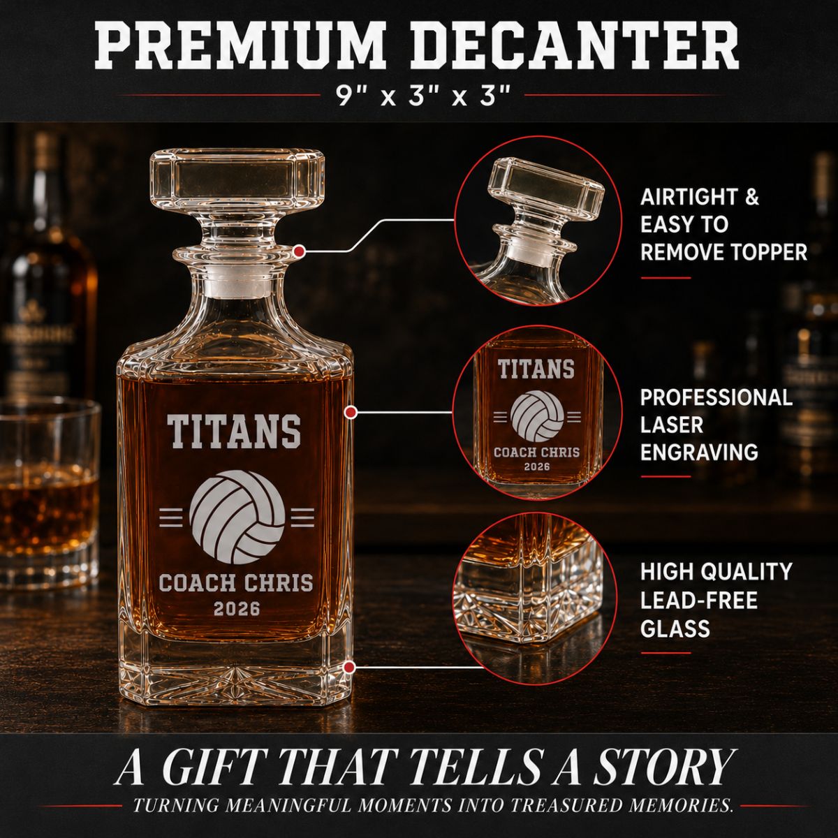Personalized volleyball coach whiskey decanter engraved with coach name, team name, and year
