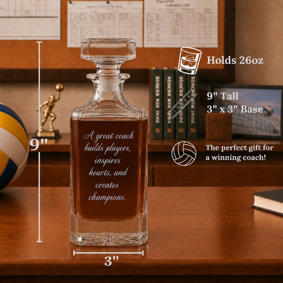 Personalized volleyball coach whiskey decanter engraved with coach name, team name, and year