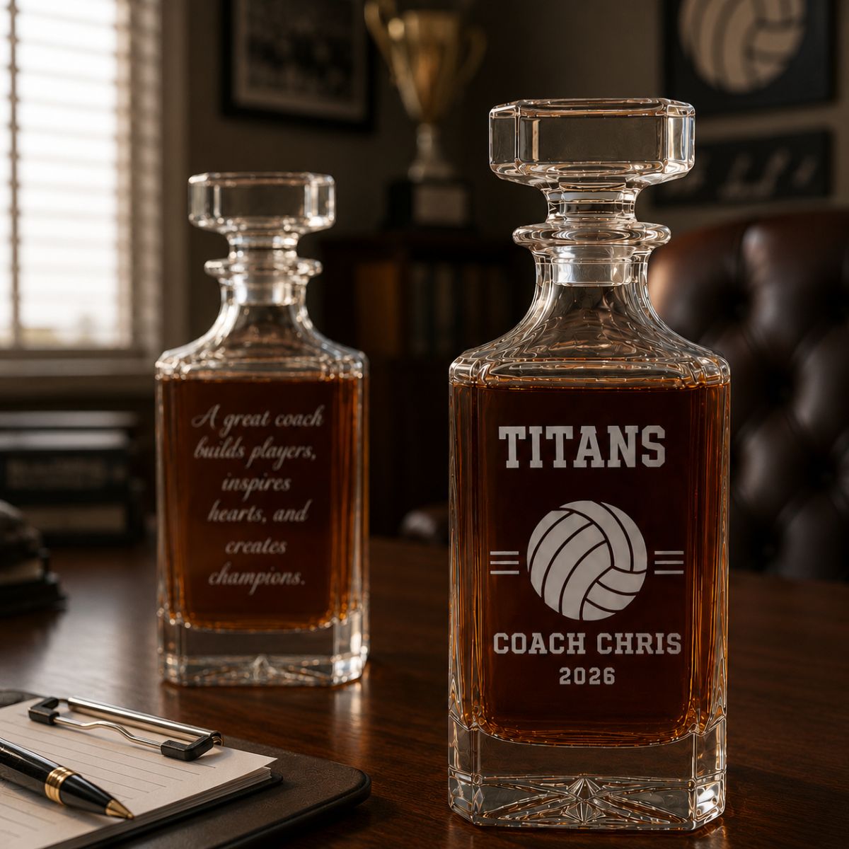 Personalized volleyball coach whiskey decanter engraved with coach name, team name, and year