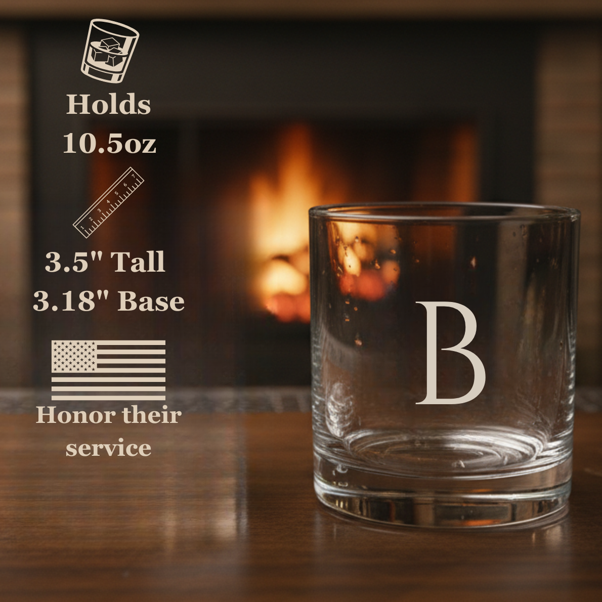 Engraved whiskey glass with sample initial "B" displayed next to fireplace, showing 10.5oz capacity and 3.5" height with American flag design detail