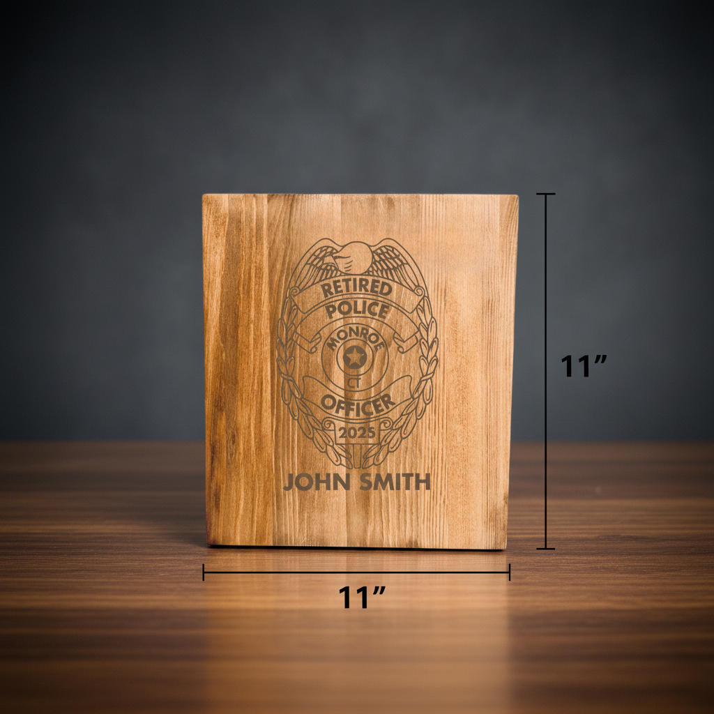 Wooden decanter gift box laser-engraved with retired police officer badge, name example "John Smith," and year 2025, measuring 11 by 11 inches