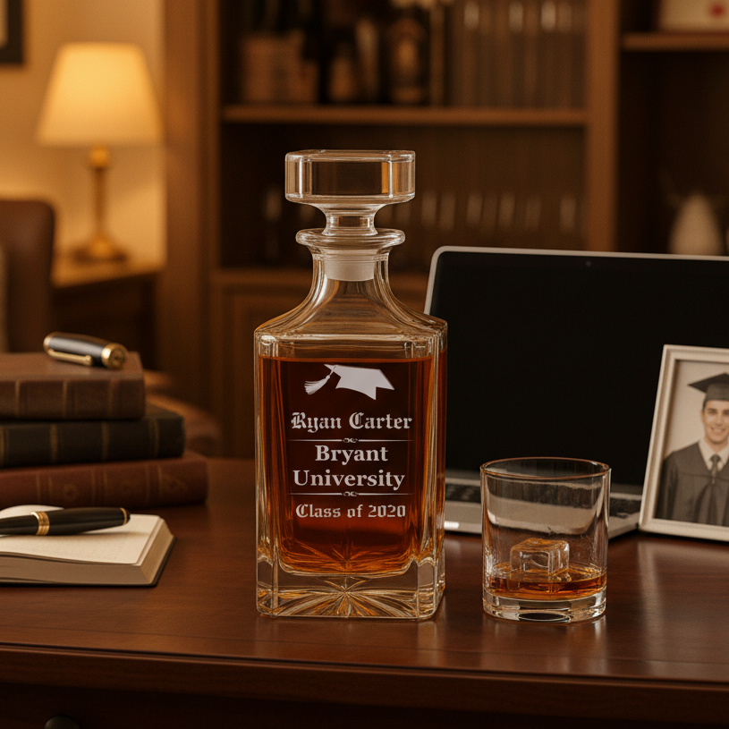 Crystal whiskey decanter engraved with sample personalization "Ryan Carter Bryant University Class of 2020" alongside matching rocks glass with ice on wooden desk