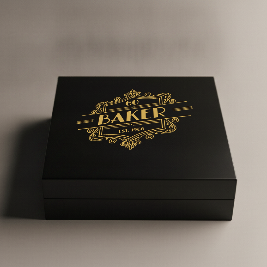Personalized milestone birthday keepsake box in matte black wood with a gold engraved art-deco crest