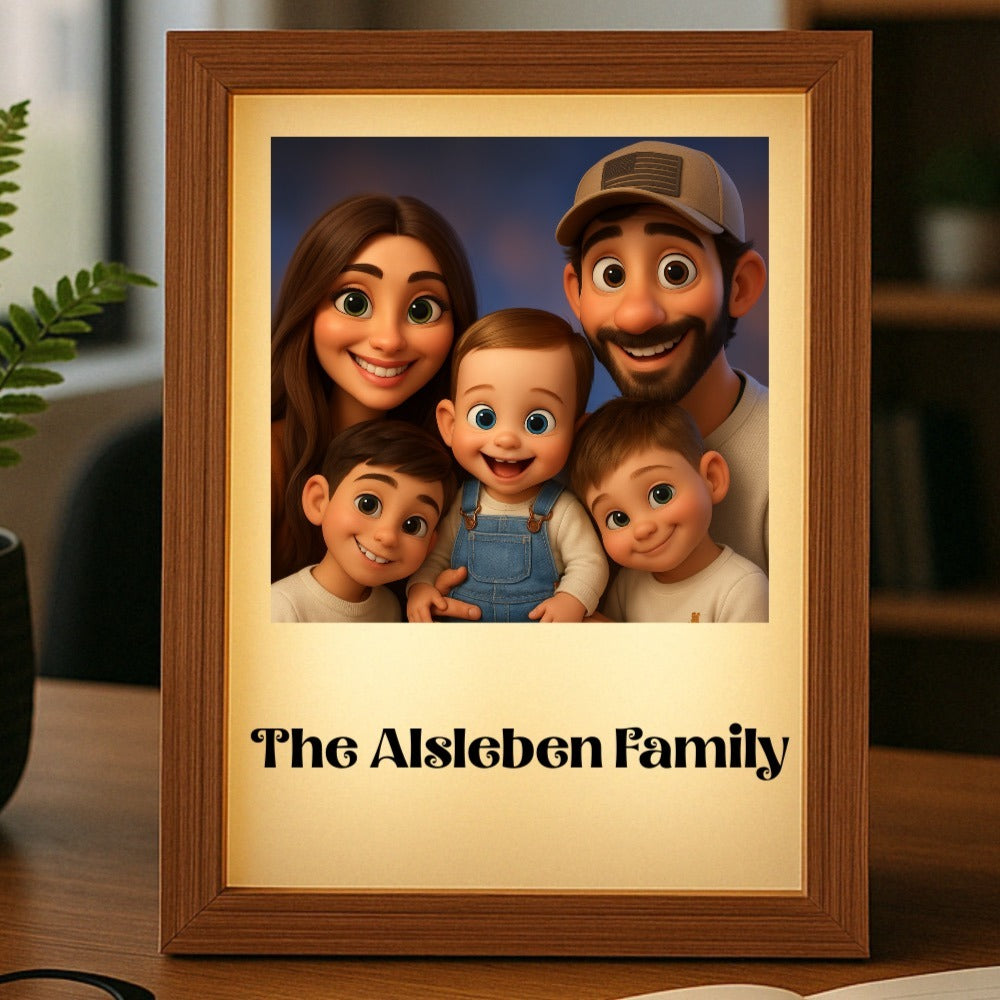 Wood-framed personalized family portrait with sample text "The Alsleben Family" printed below animated cartoon-style illustration of five family members with LED backlighting