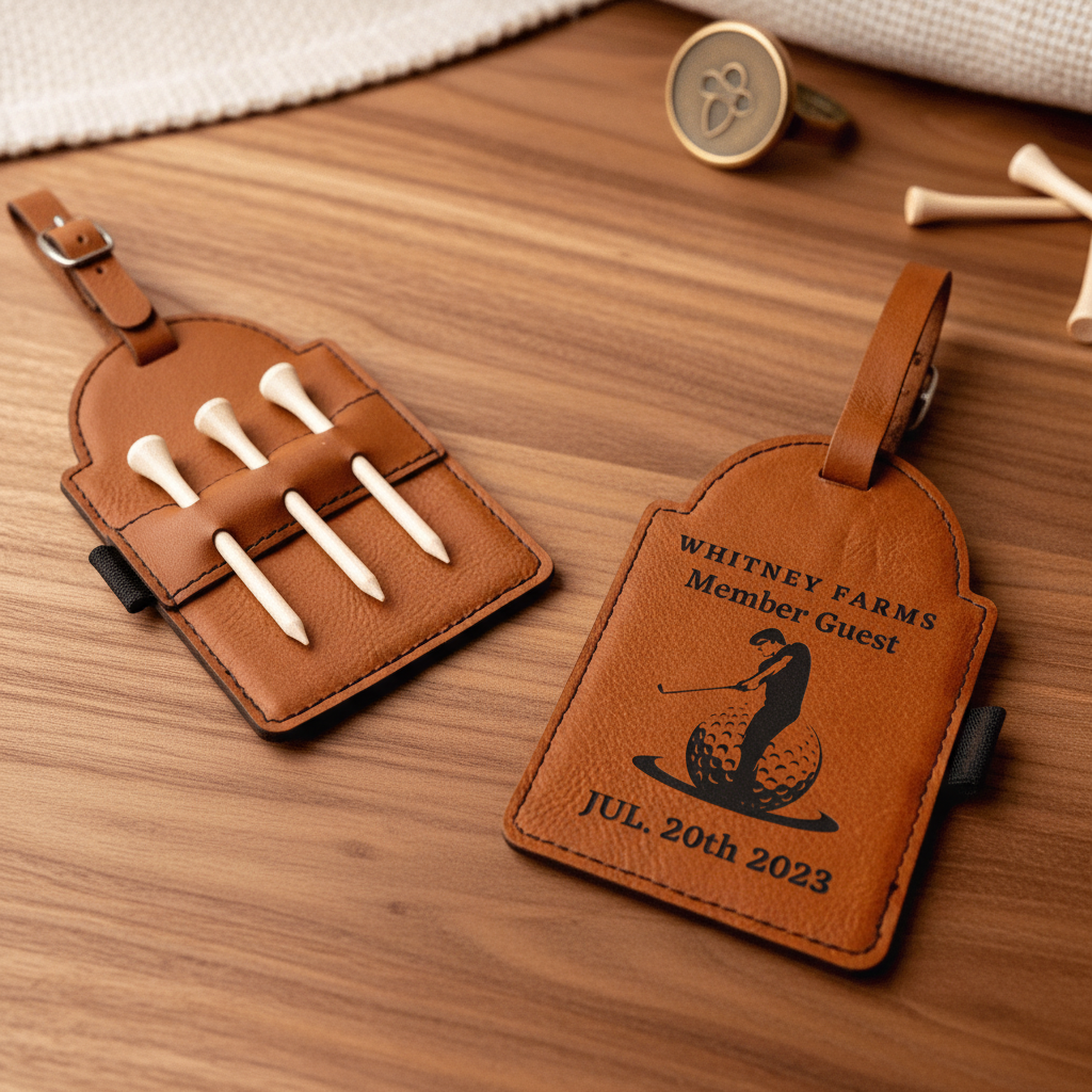 Tan leather golf bag tag personalized with sample engraving "WHITNEY FARMS Member Guest JUL. 20th 2023" and golfer icon, displayed with matching tee holder containing white golf tees on wooden surface.